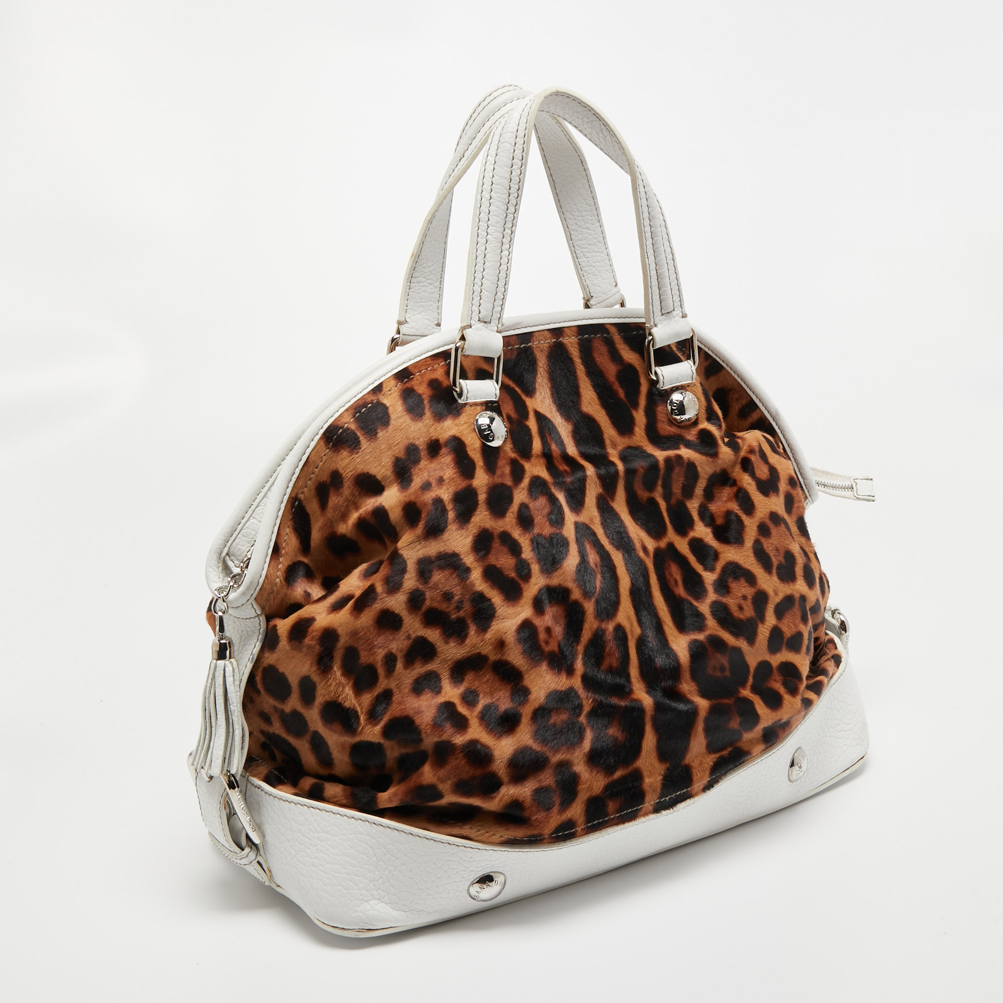 Dolce & Gabbana White/Brown Leopard Print Calfhair And Leather Tassel Bowler Bag