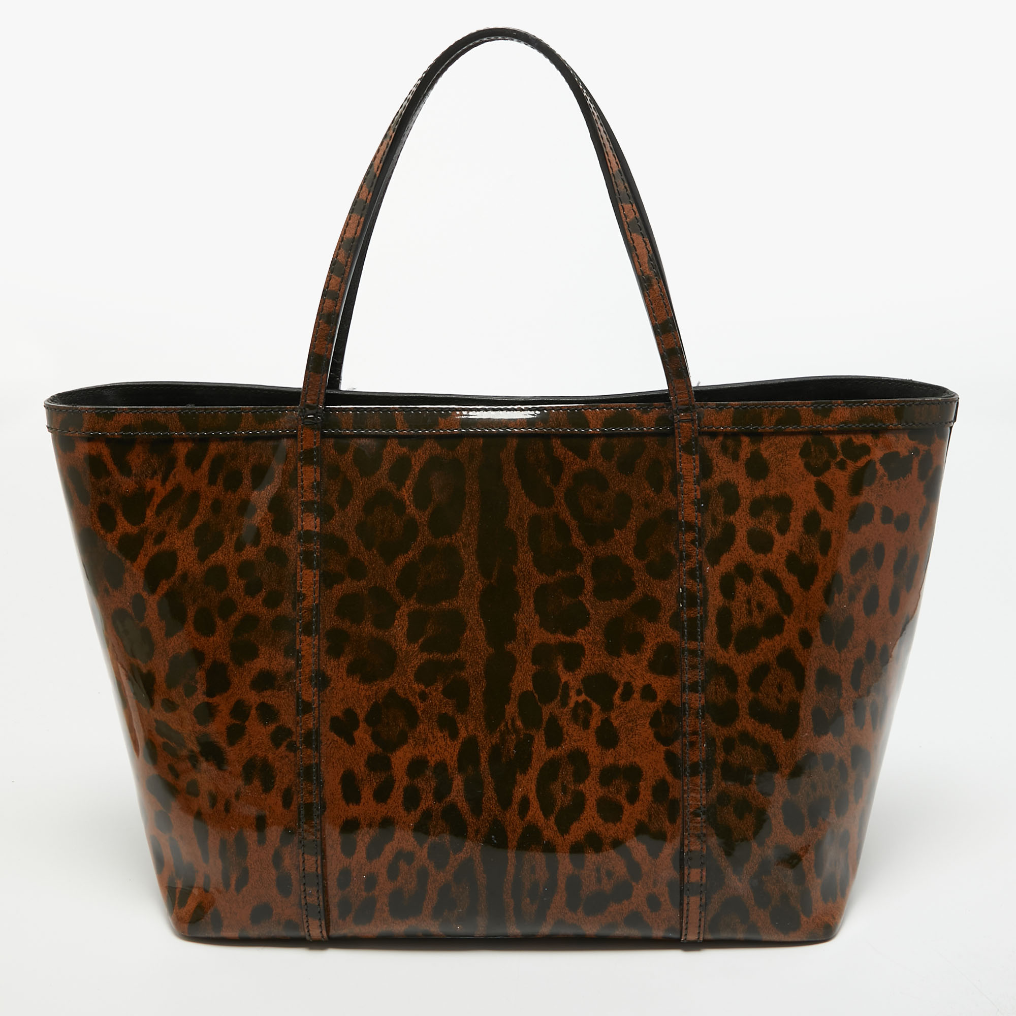 Dolce & Gabbana Brown/Black Leopard Print Patent Leather Miss Escape Tote