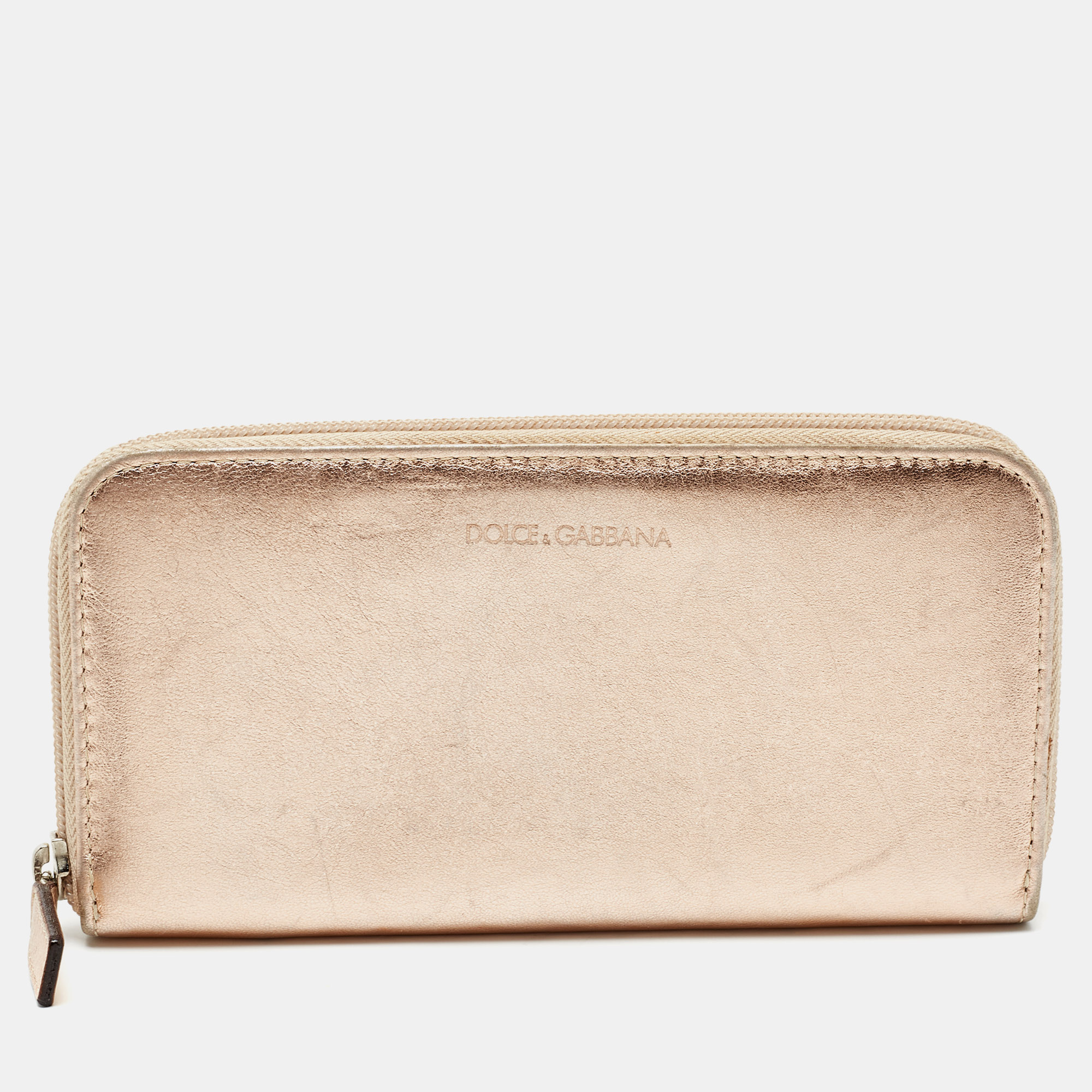 Dolce & Gabbana Metallic Rose Gold Leather Zip Around Wallet