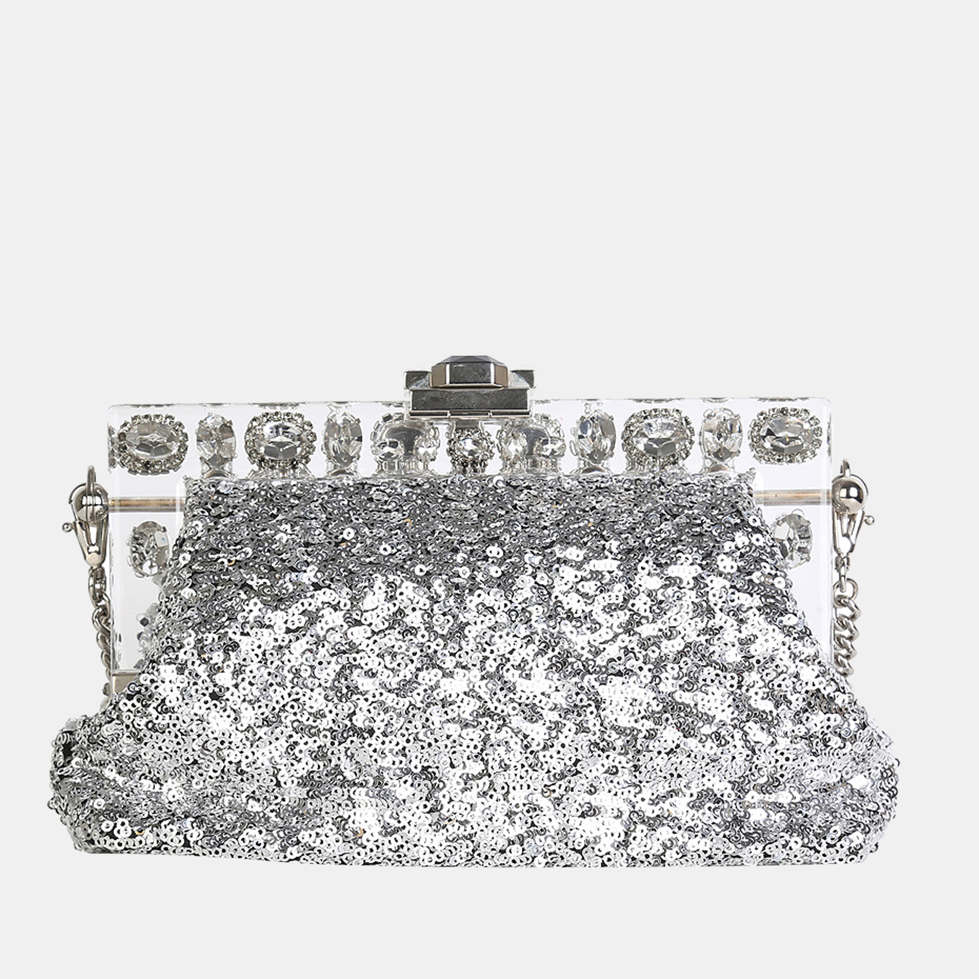 Dolce & Gabbana Silver Sequins & Floral Crystals Clutch With Chain-Link Strap