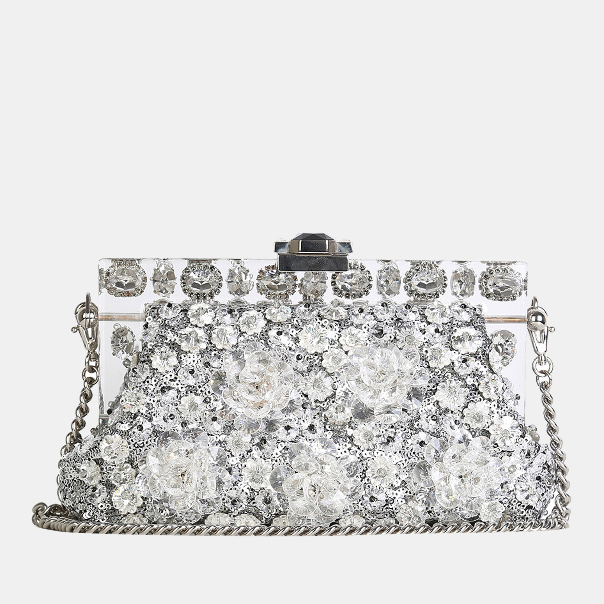 Dolce & Gabbana Silver Sequins & Floral Crystals Clutch With Chain-Link Strap