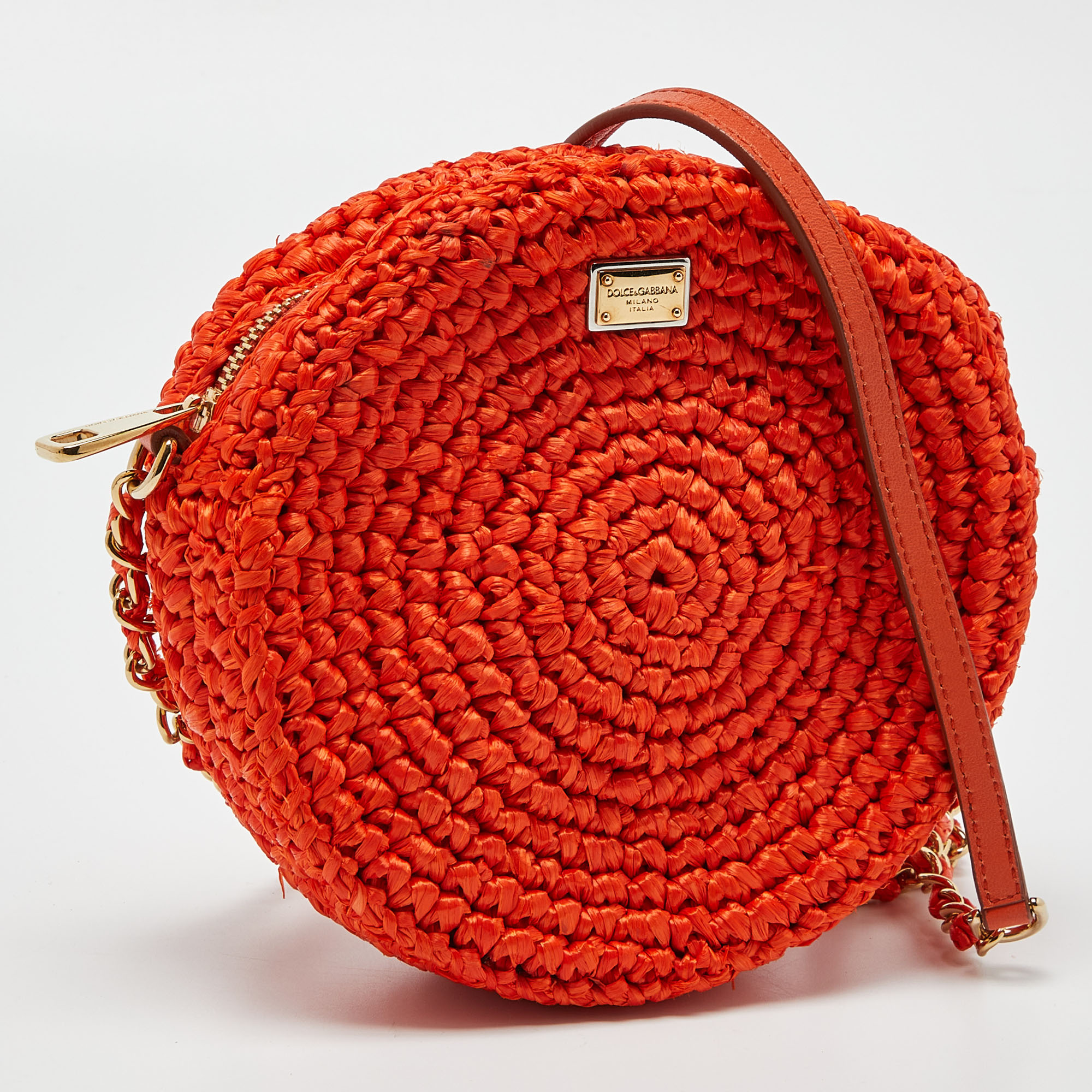 Dolce & Gabbana Orange Raffia And Leather Round Crossbody Bag