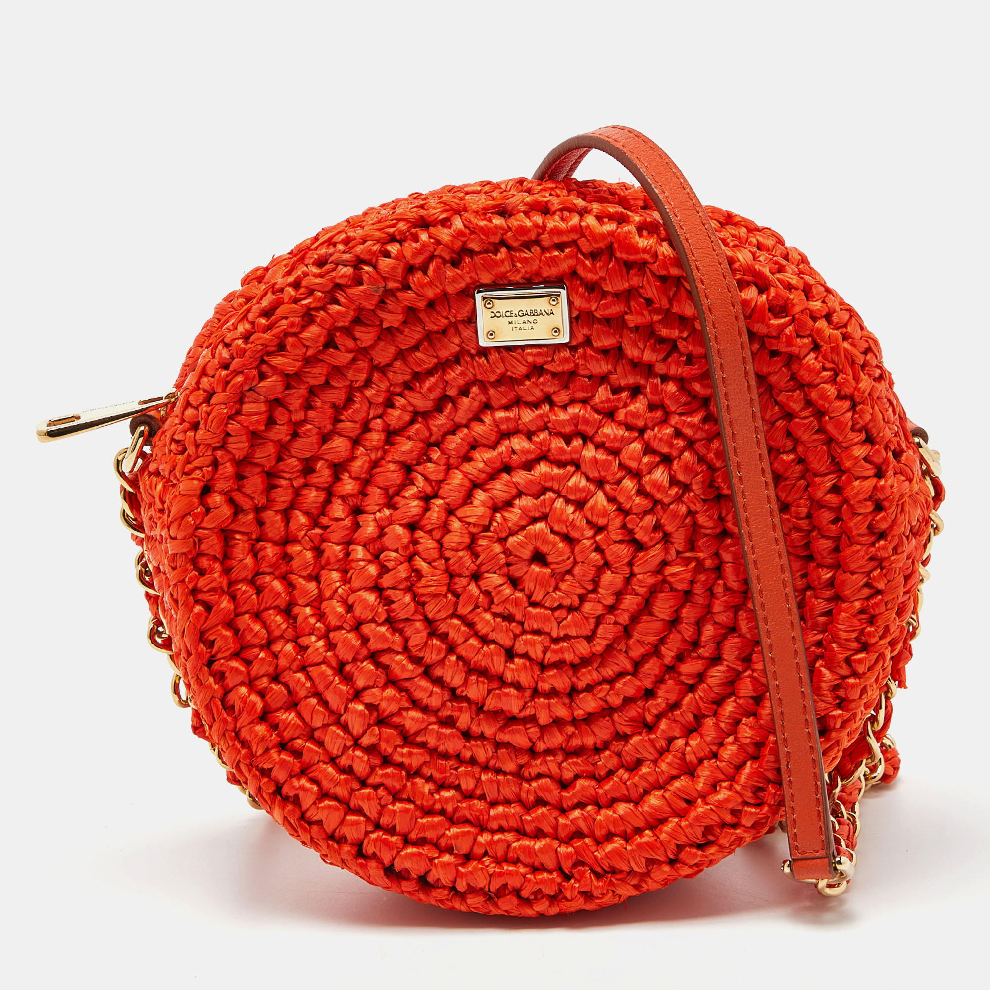 Dolce & Gabbana Orange Raffia And Leather Round Crossbody Bag