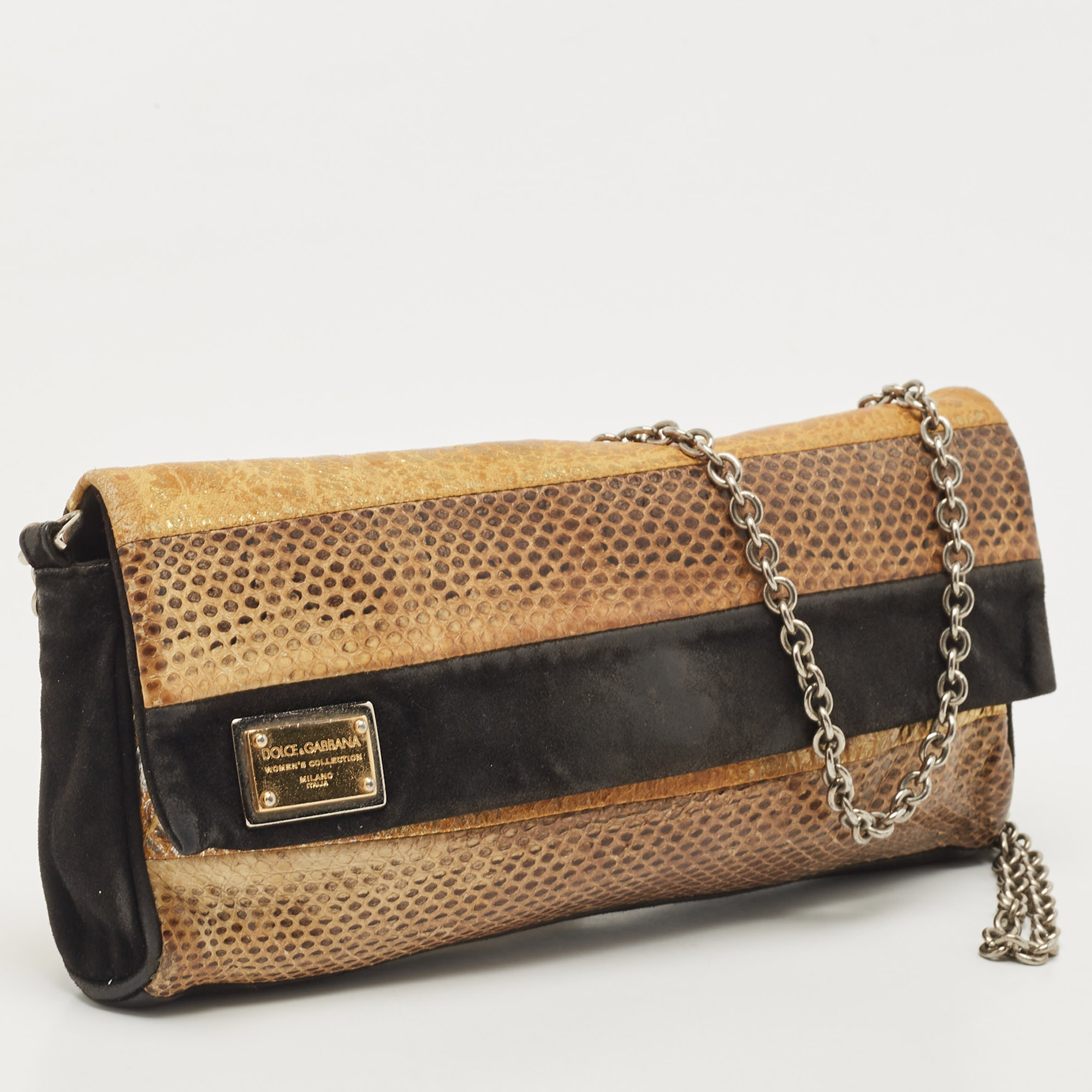 Dolce & Gabbana Black/Brown Suede And Snakeskin Leather Chain Clutch