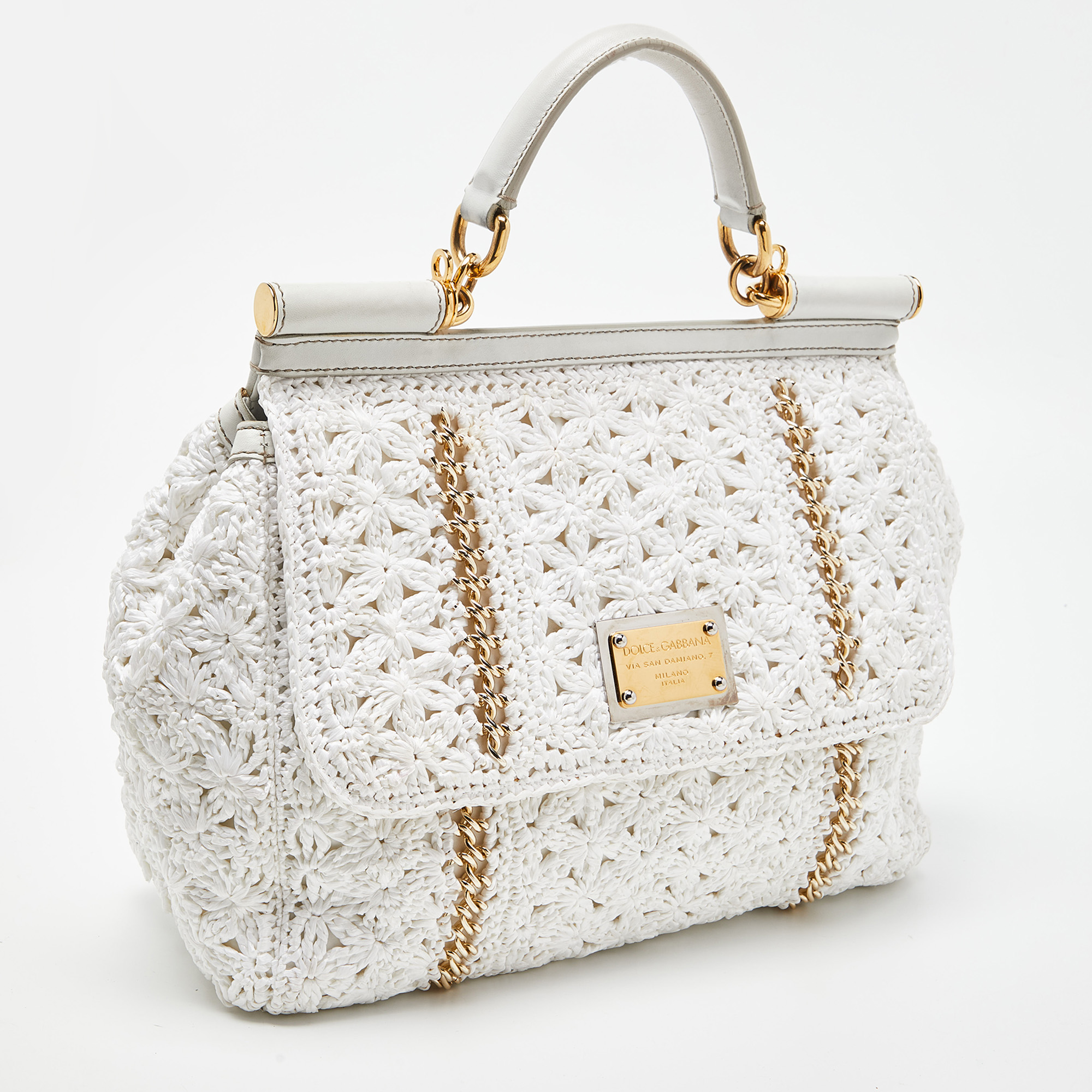 Dolce & Gabbana White Crochet Raffia And Leather Large Miss Sicily Top Handle Bag