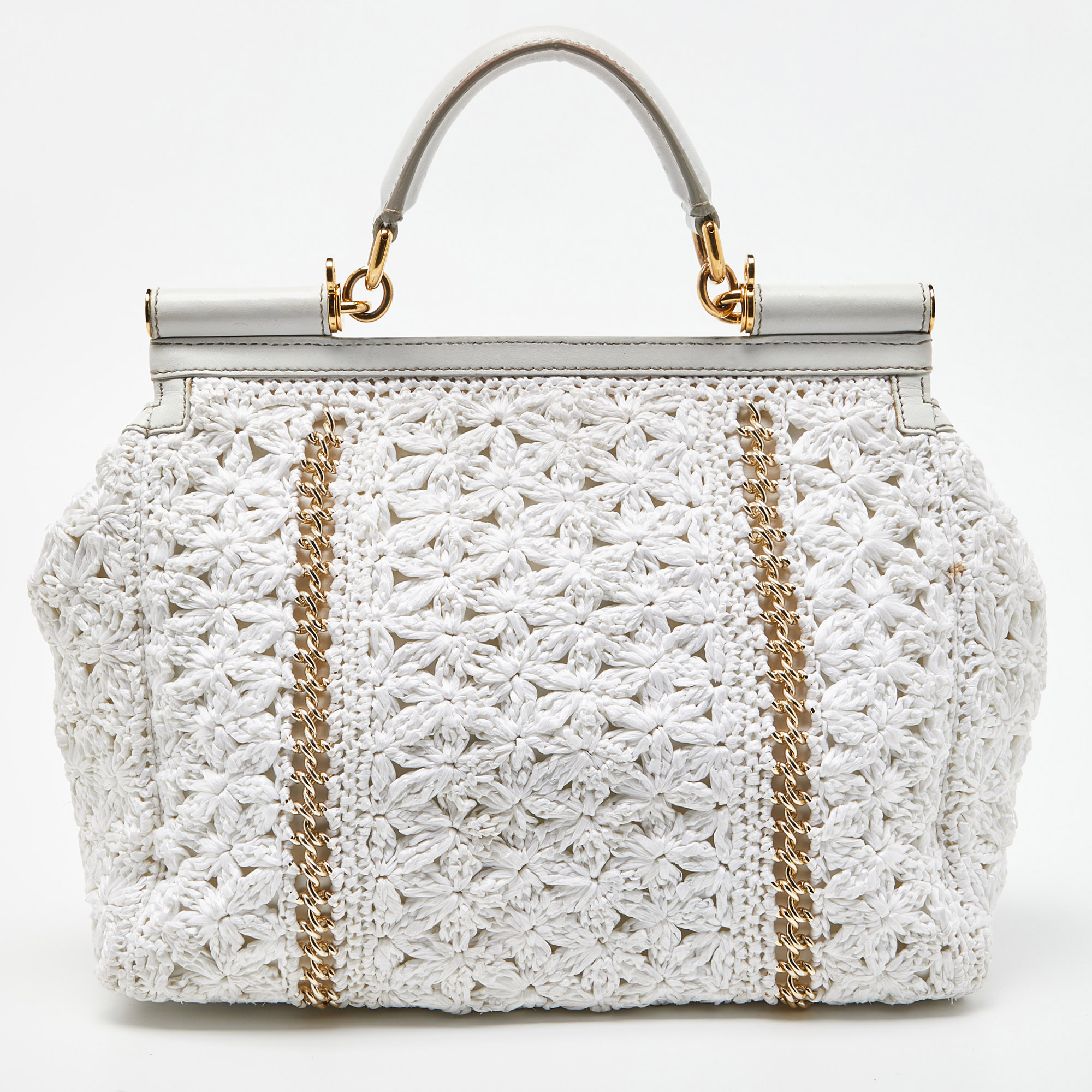 Dolce & Gabbana White Crochet Raffia And Leather Large Miss Sicily Top Handle Bag