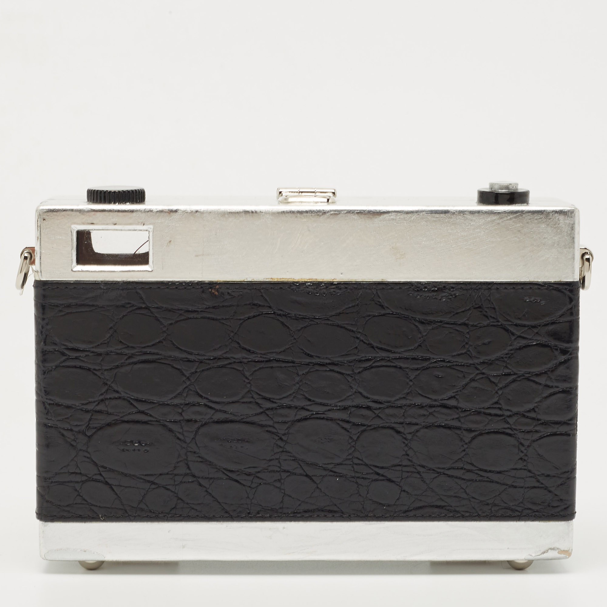Dolce & Gabbana Black/Silver Croc Embossed And Leather Camera Case Shoulder Bag