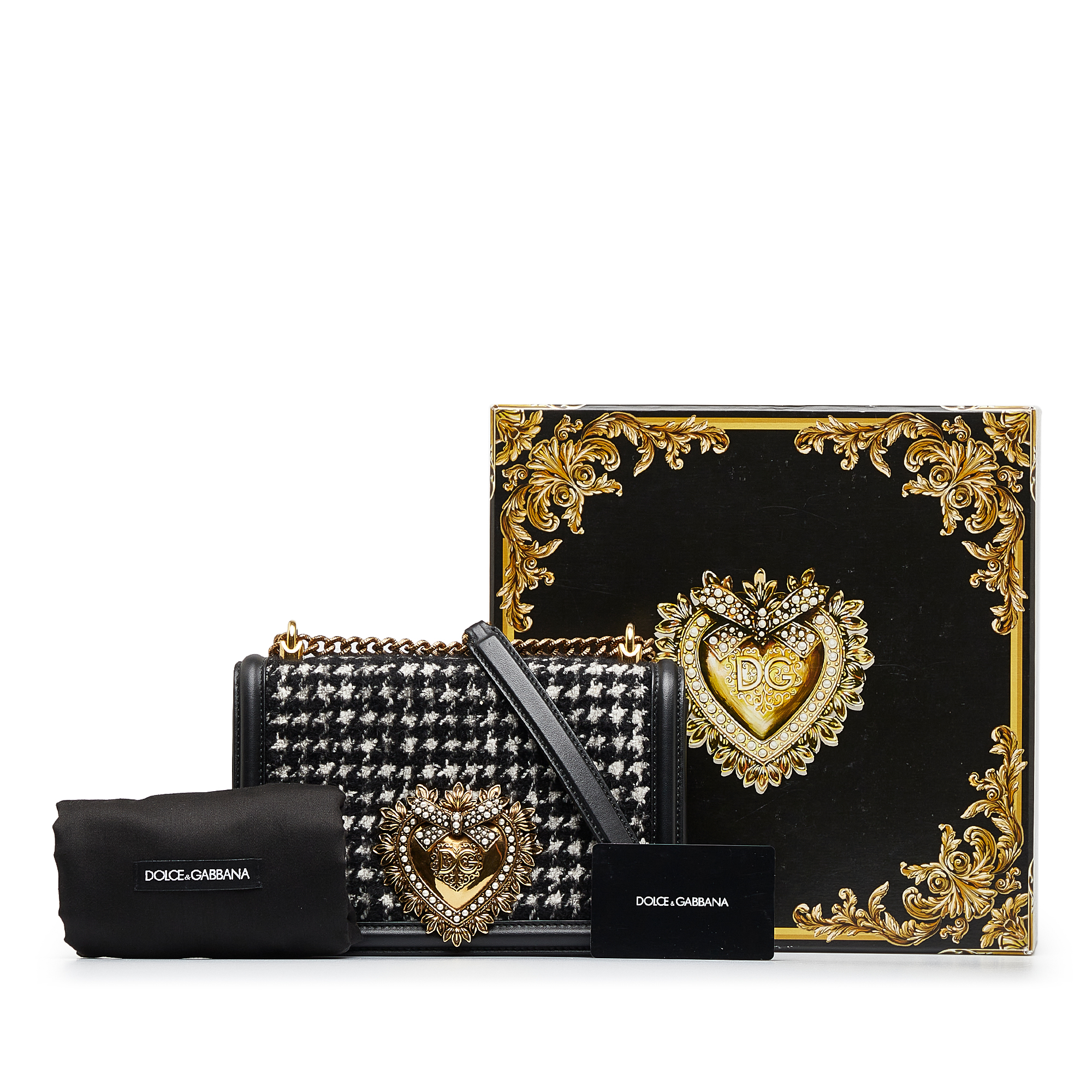 Dolce & Gabbana Black Houndstooth Tweed Chain Devotion