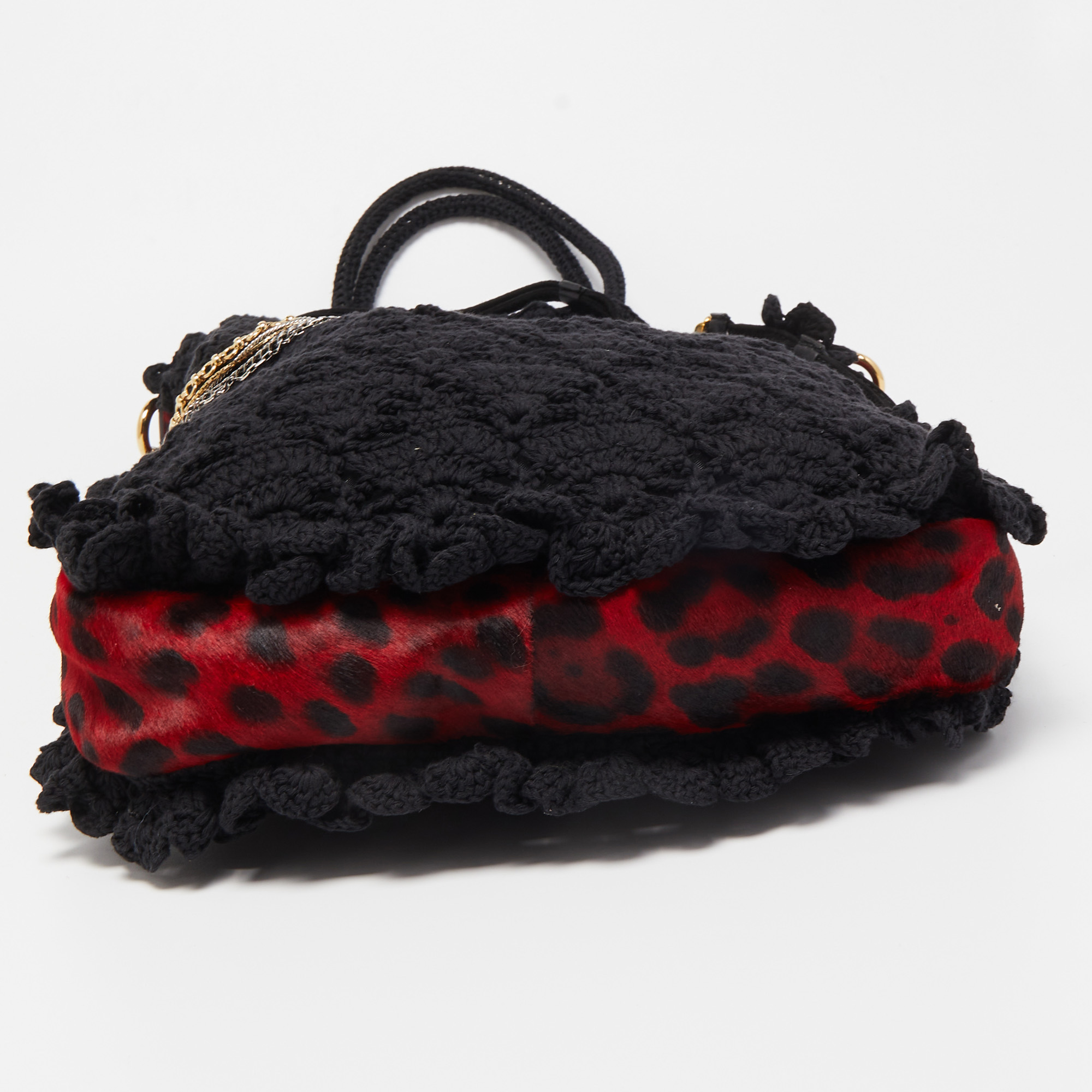 Dolce & Gabbana Black/Red Crochet And Leopard Print Calf Hair Tote