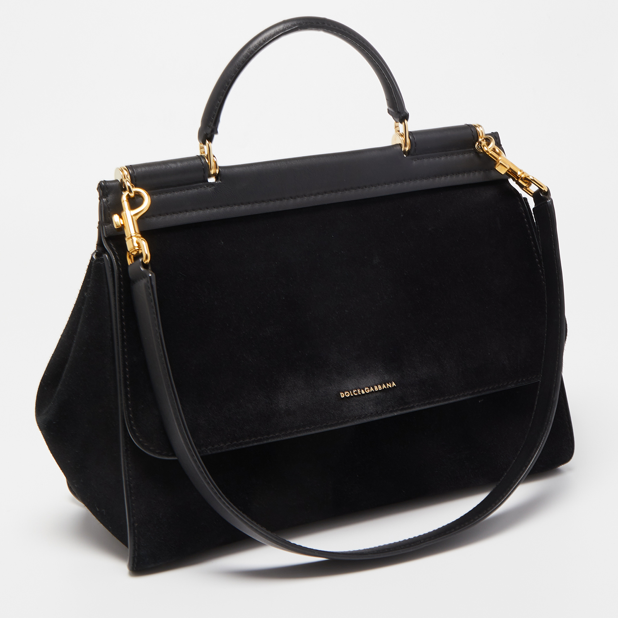 Dolce & Gabbana Black Suede Soft Miss Sicily Top Handle Bag