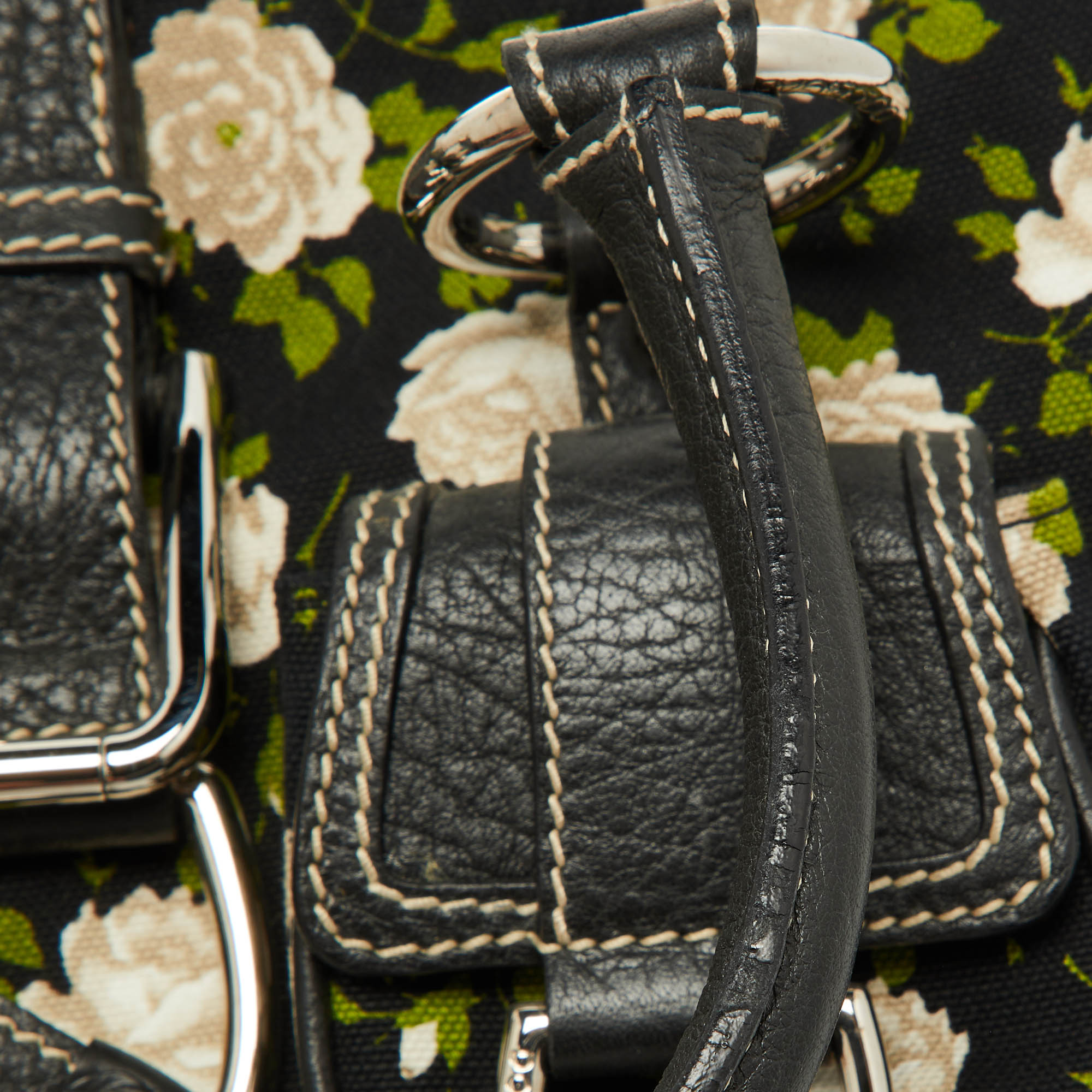 Dolce & Gabbana Black Floral Print Canvas And Leather Frame Satchel