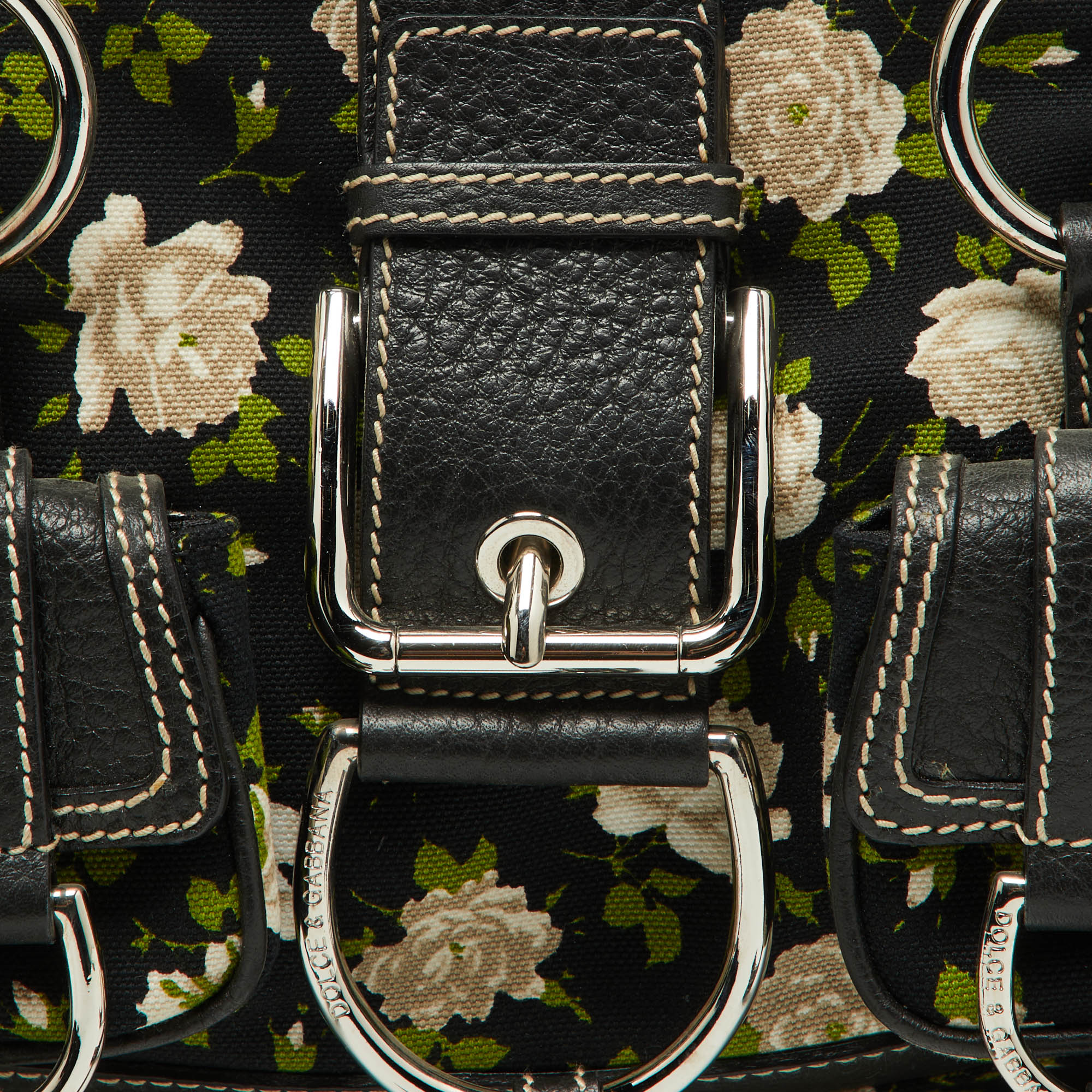 Dolce & Gabbana Black Floral Print Canvas And Leather Frame Satchel