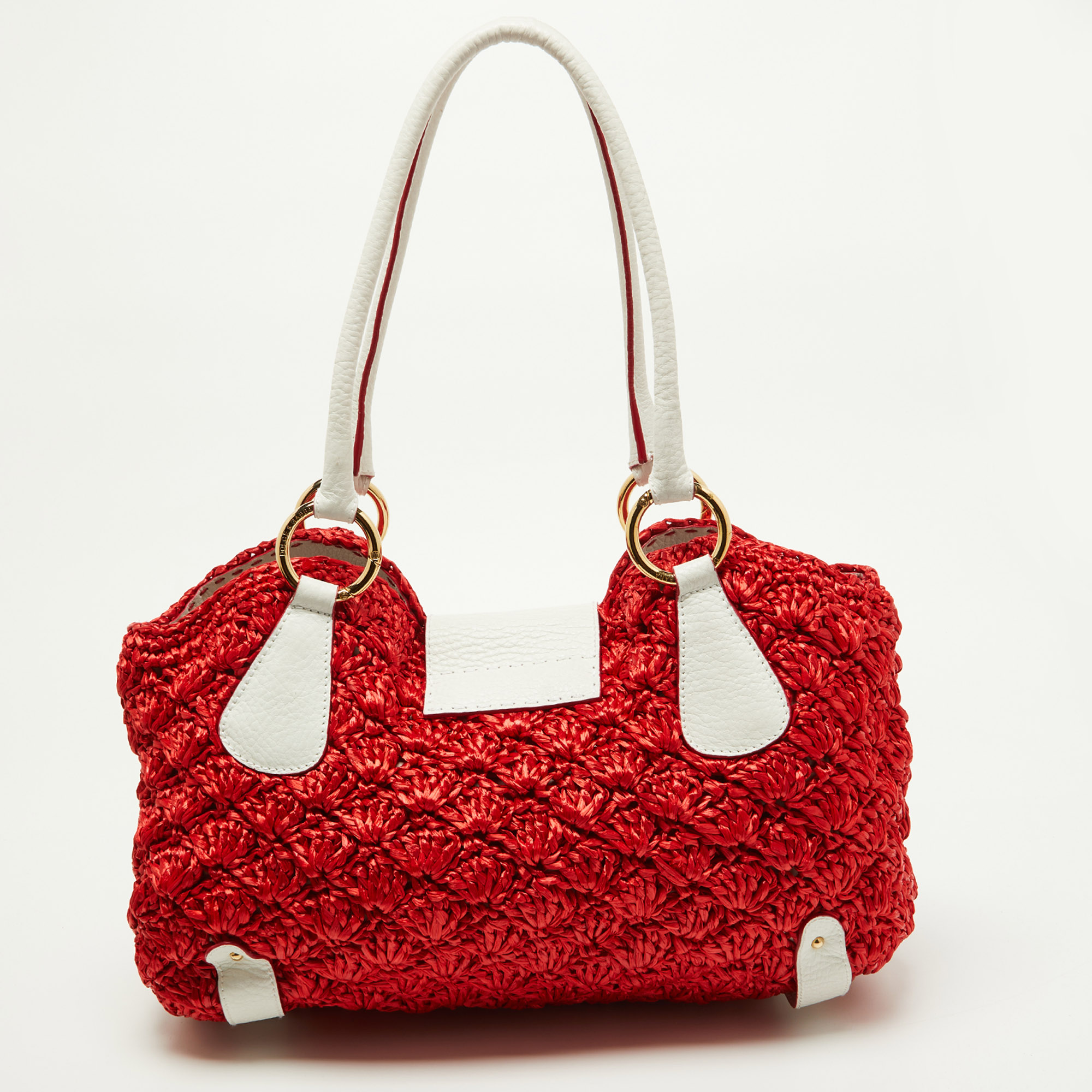Dolce & Gabbana Red/White Crochet Straw And Leather DG Charm Bag