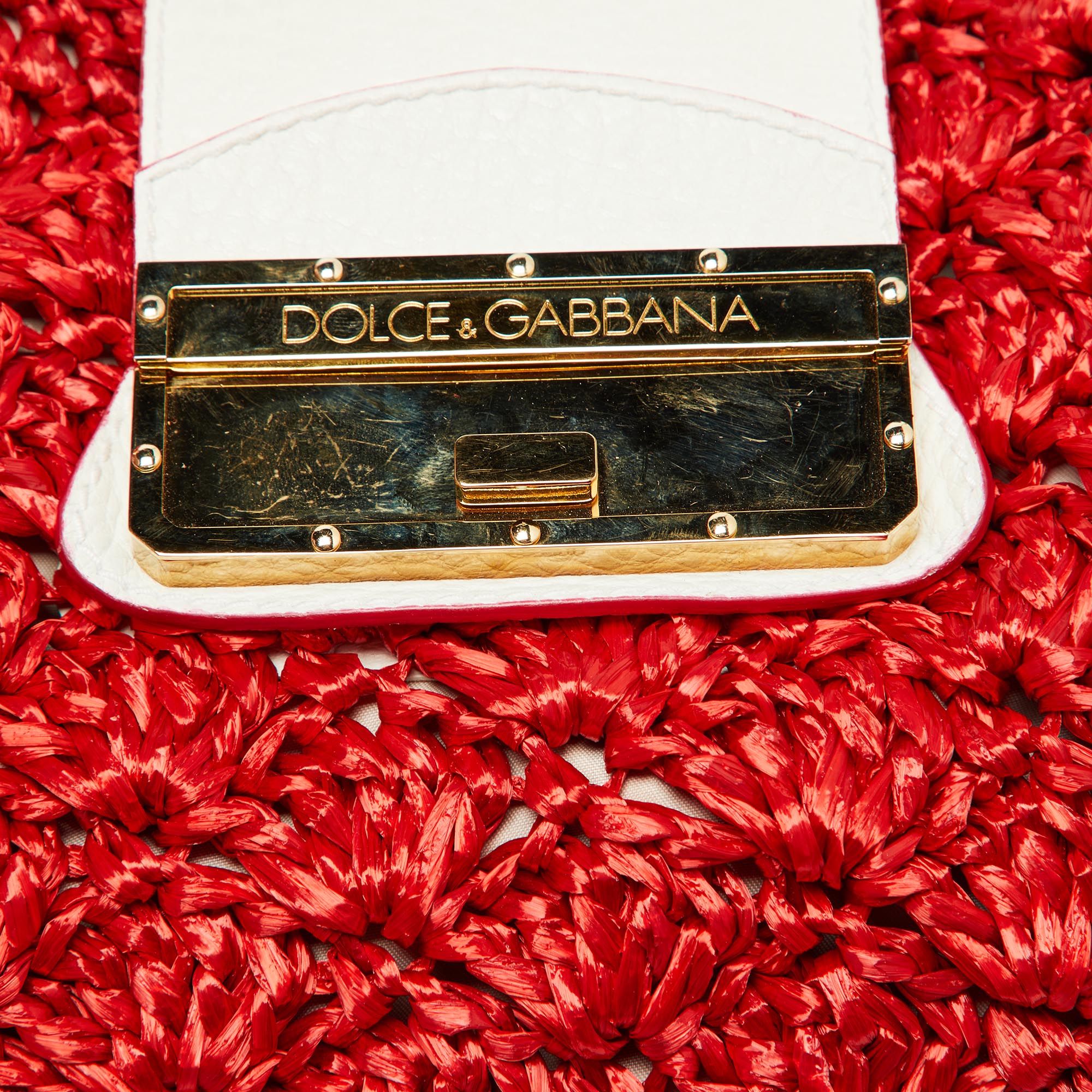 Dolce & Gabbana Red/White Crochet Straw And Leather DG Charm Bag
