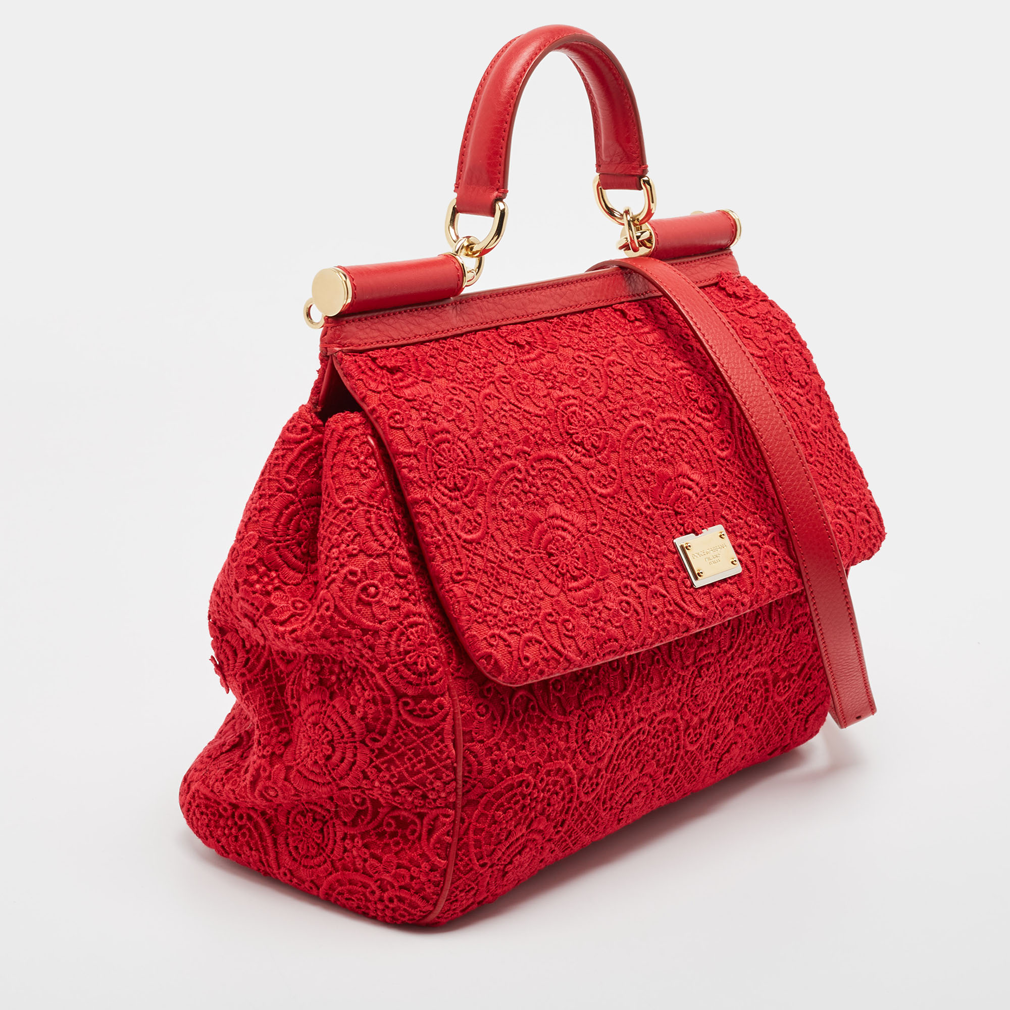 Dolce & Gabbana Red Lace And Leather Large Miss Sicily Top Handle Bag