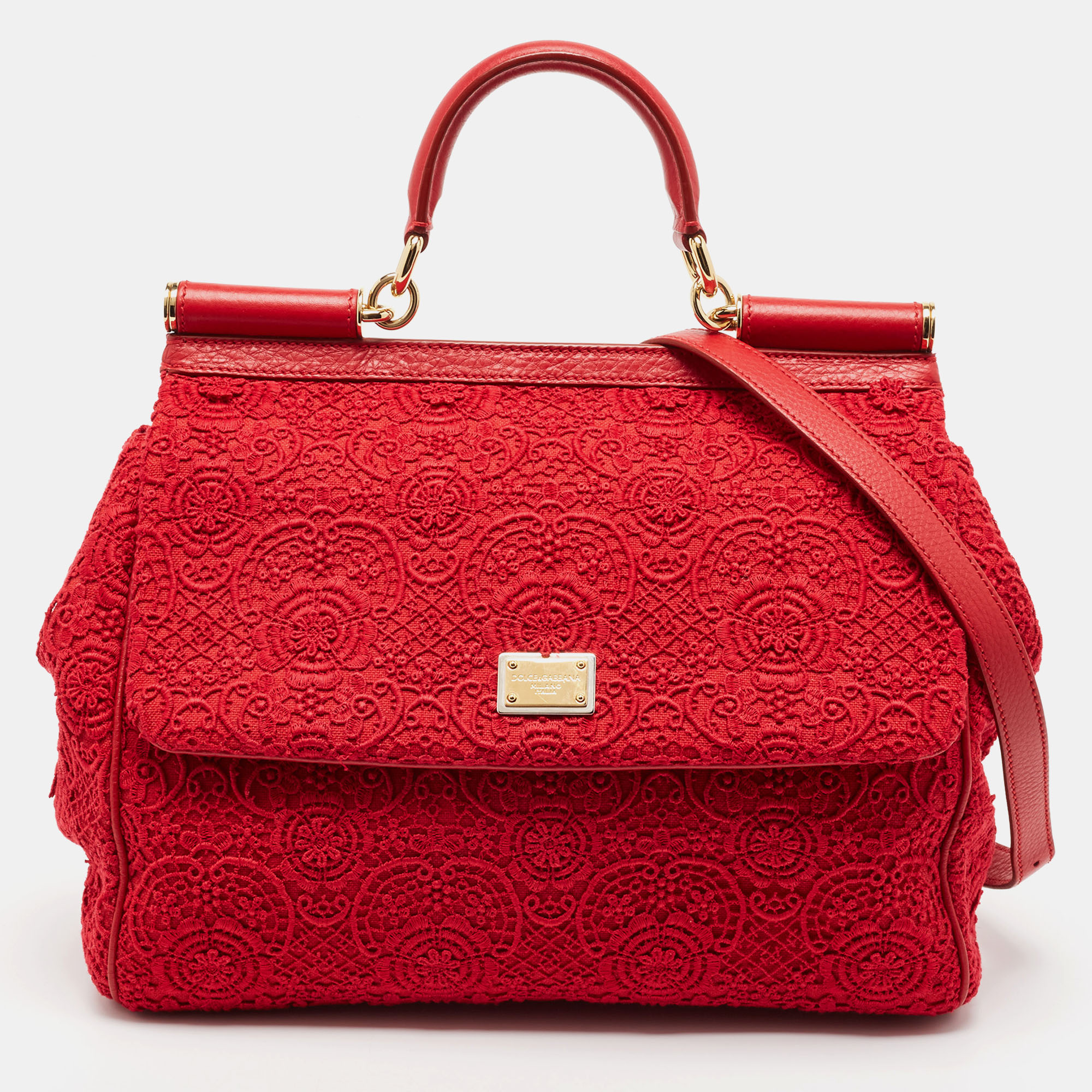 Dolce & Gabbana Red Lace And Leather Large Miss Sicily Top Handle Bag