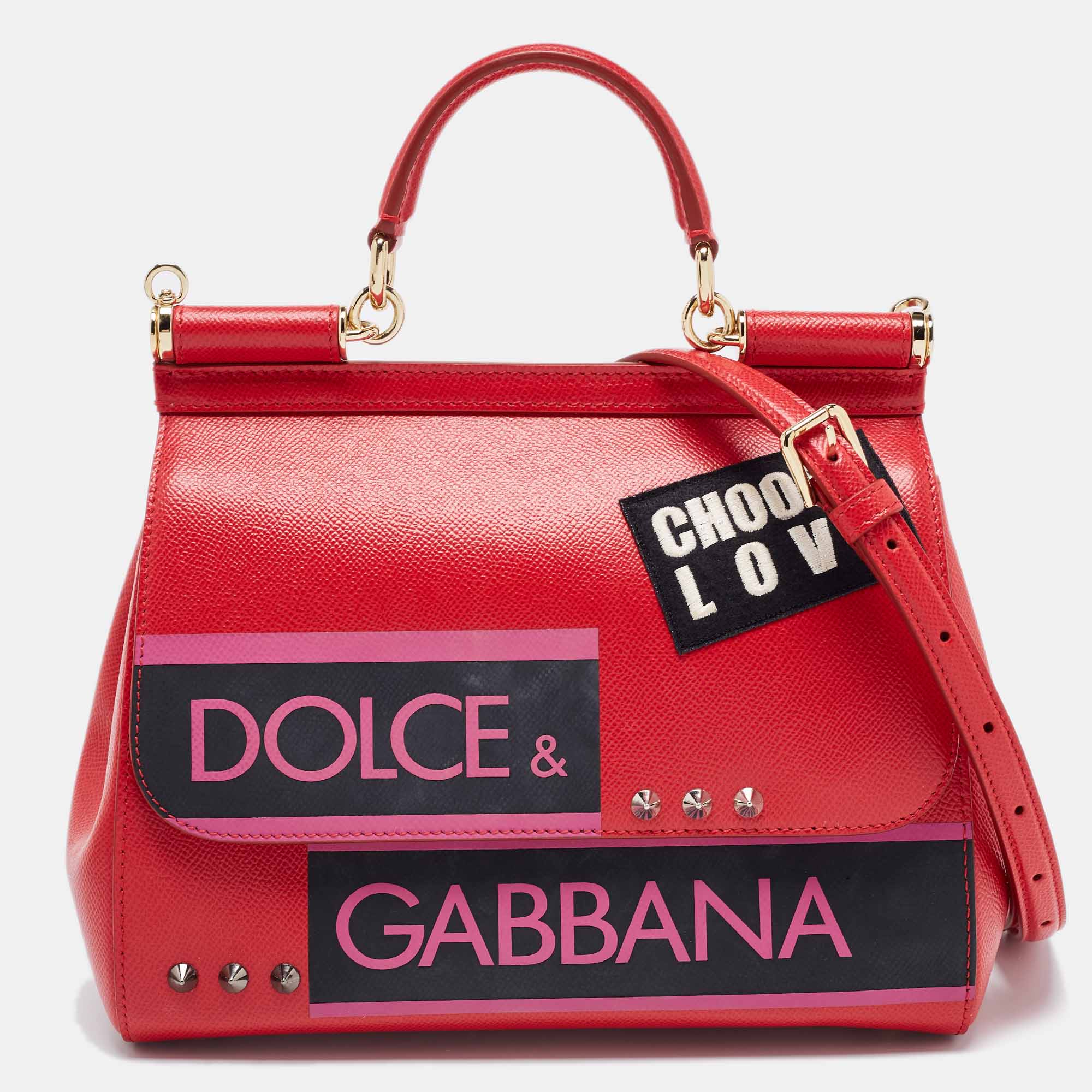 

Dolce & Gabbana Red Leather  Miss Sicily Choose Love Top Handle Bag