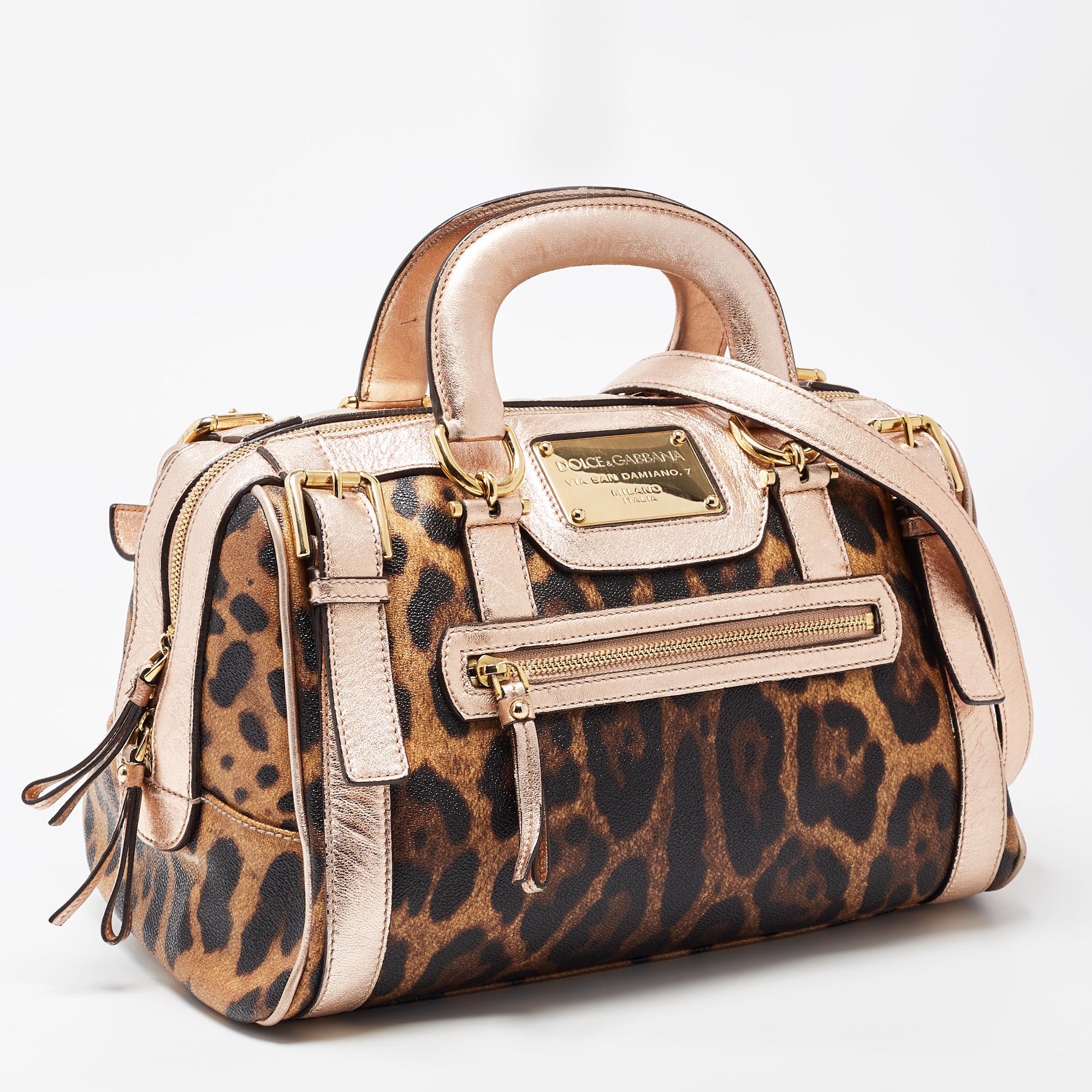 Dolce And Gabbana Brown/Metallic Pink Leopard Print Coated Canvas Miss Easy Way Satchel