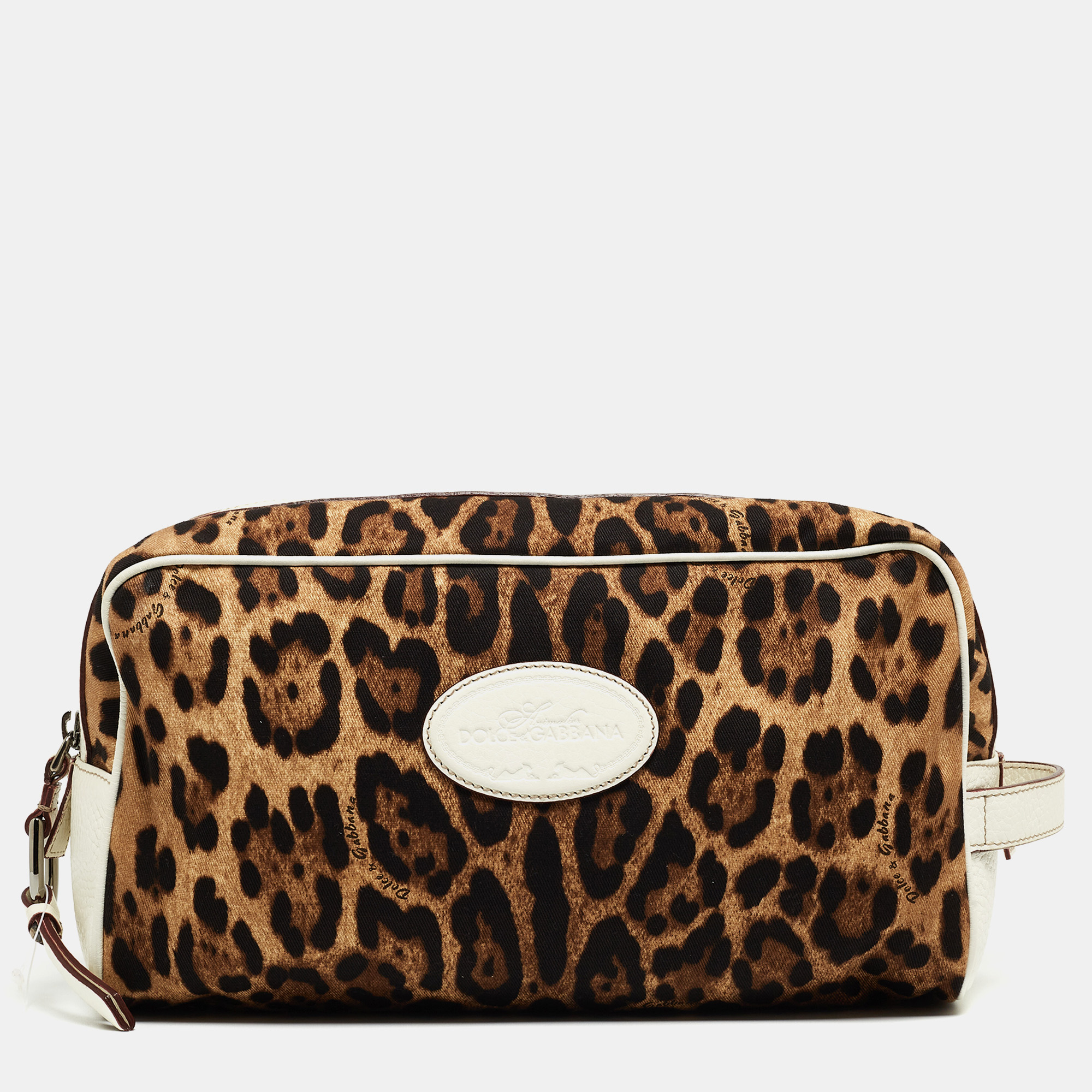 Dolce & Gabbana White/Brown Leopard Print Fabric And Leather Cosmetic Pouch