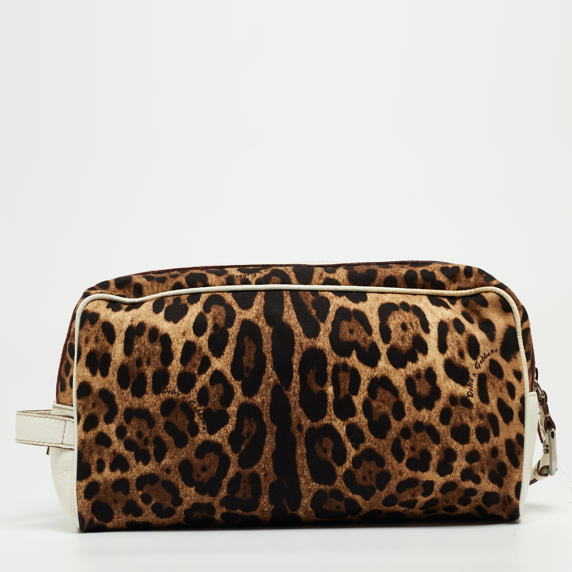 Dolce & Gabbana White/Brown Leopard Print Fabric And Leather Cosmetic Pouch