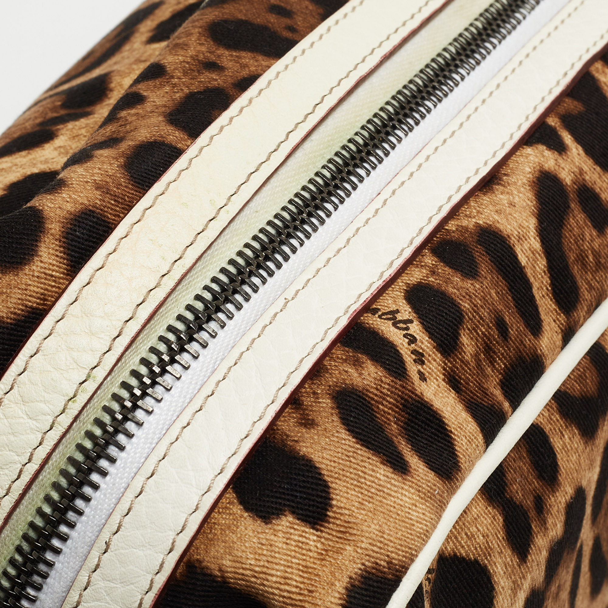 Dolce & Gabbana White/Brown Leopard Print Fabric And Leather Cosmetic Pouch