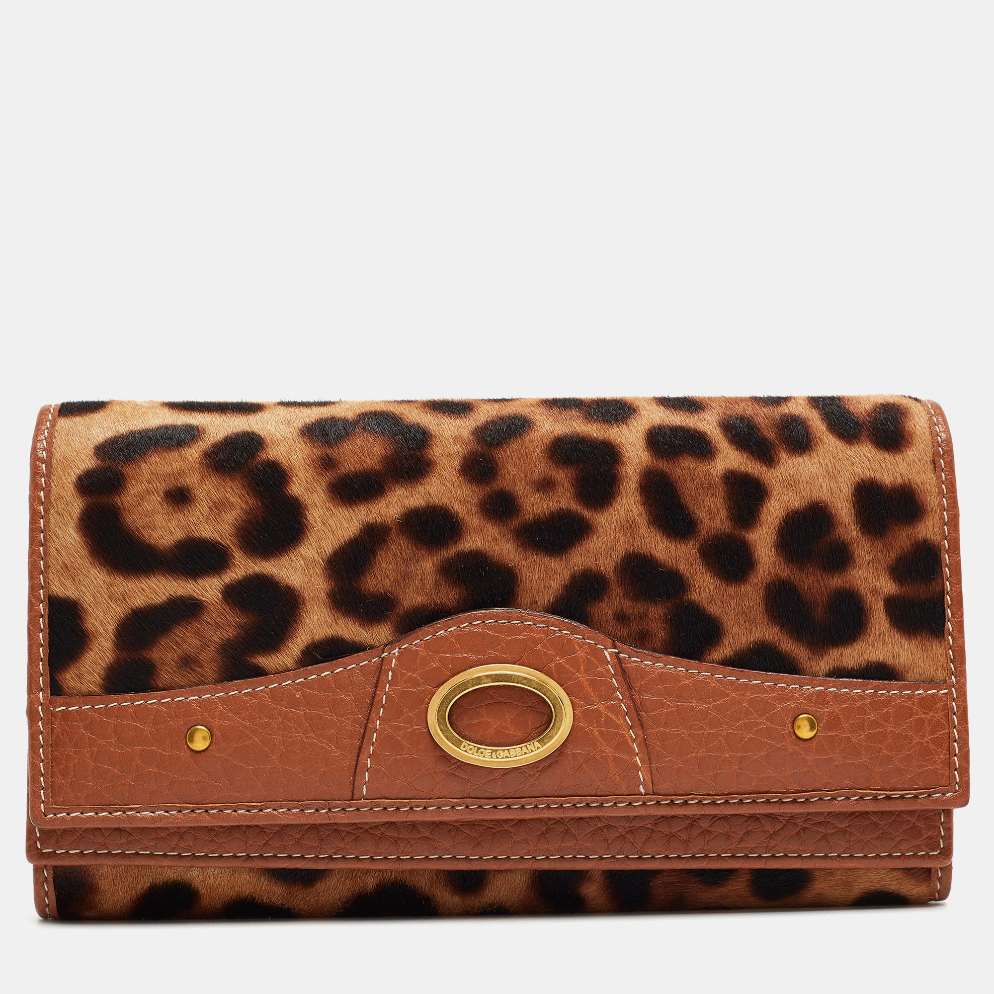 Dolce & gabbana brown/beige leopard print calfhair and leather double flap continental wallet