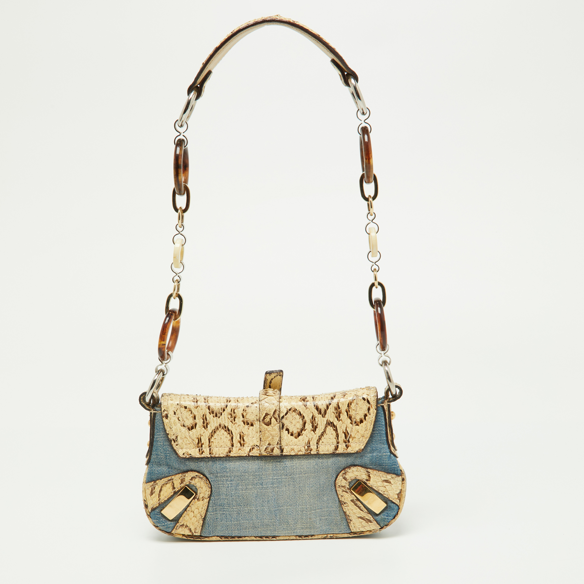 Dolce & Gabbana Cream/Blue Denim And Watersnake Leather Ring Buckle Flap Baguette Bag