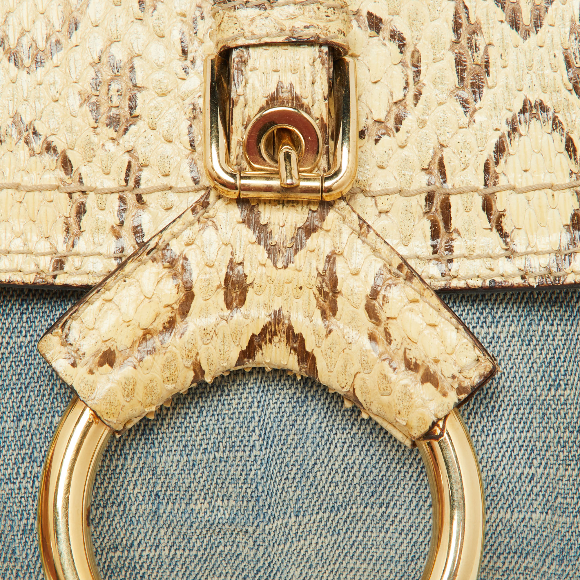 Dolce & Gabbana Cream/Blue Denim And Watersnake Leather Ring Buckle Flap Baguette Bag