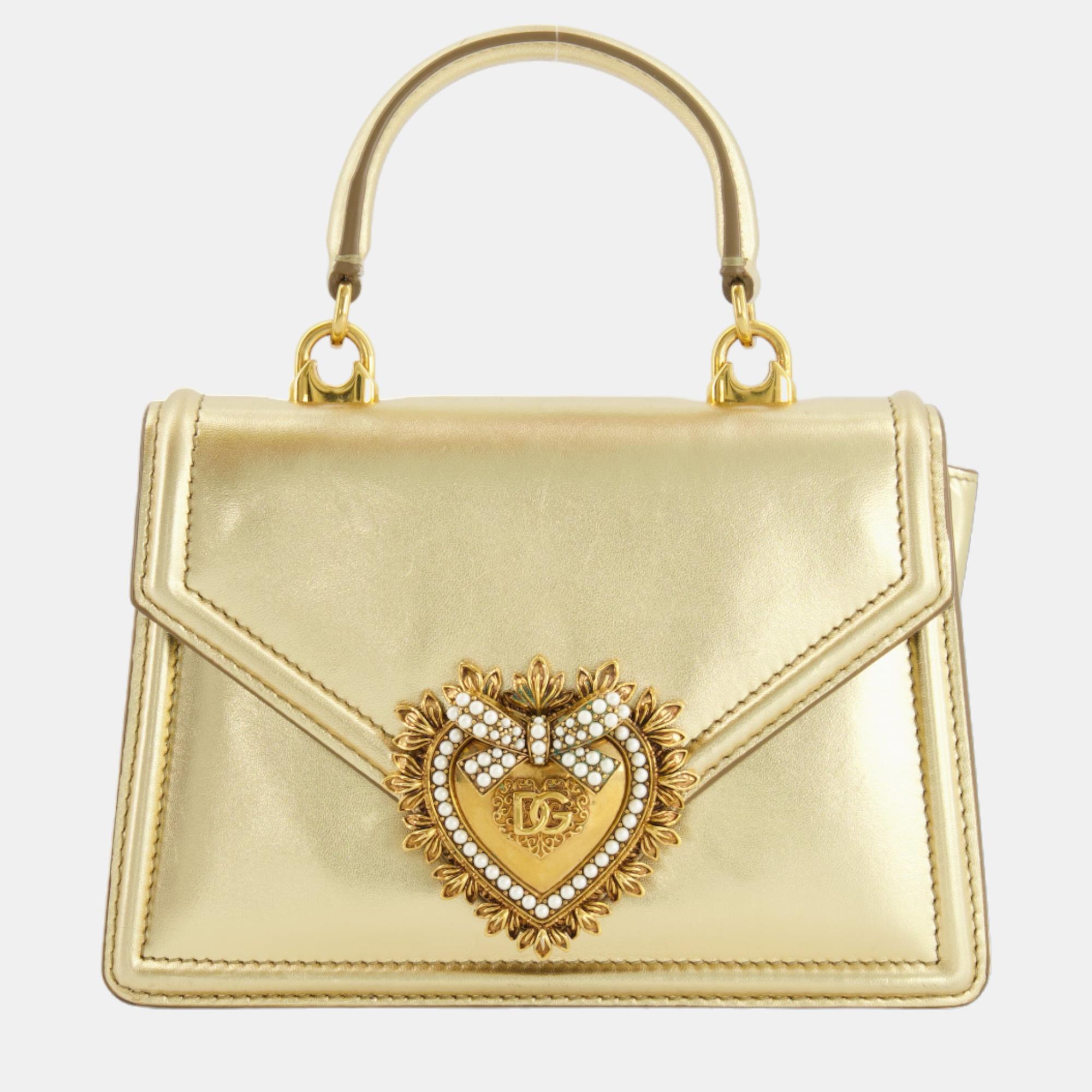 Dolce & Gabbana Gold Leather Small Devotion Top-Handle Bag With Gold Hardware