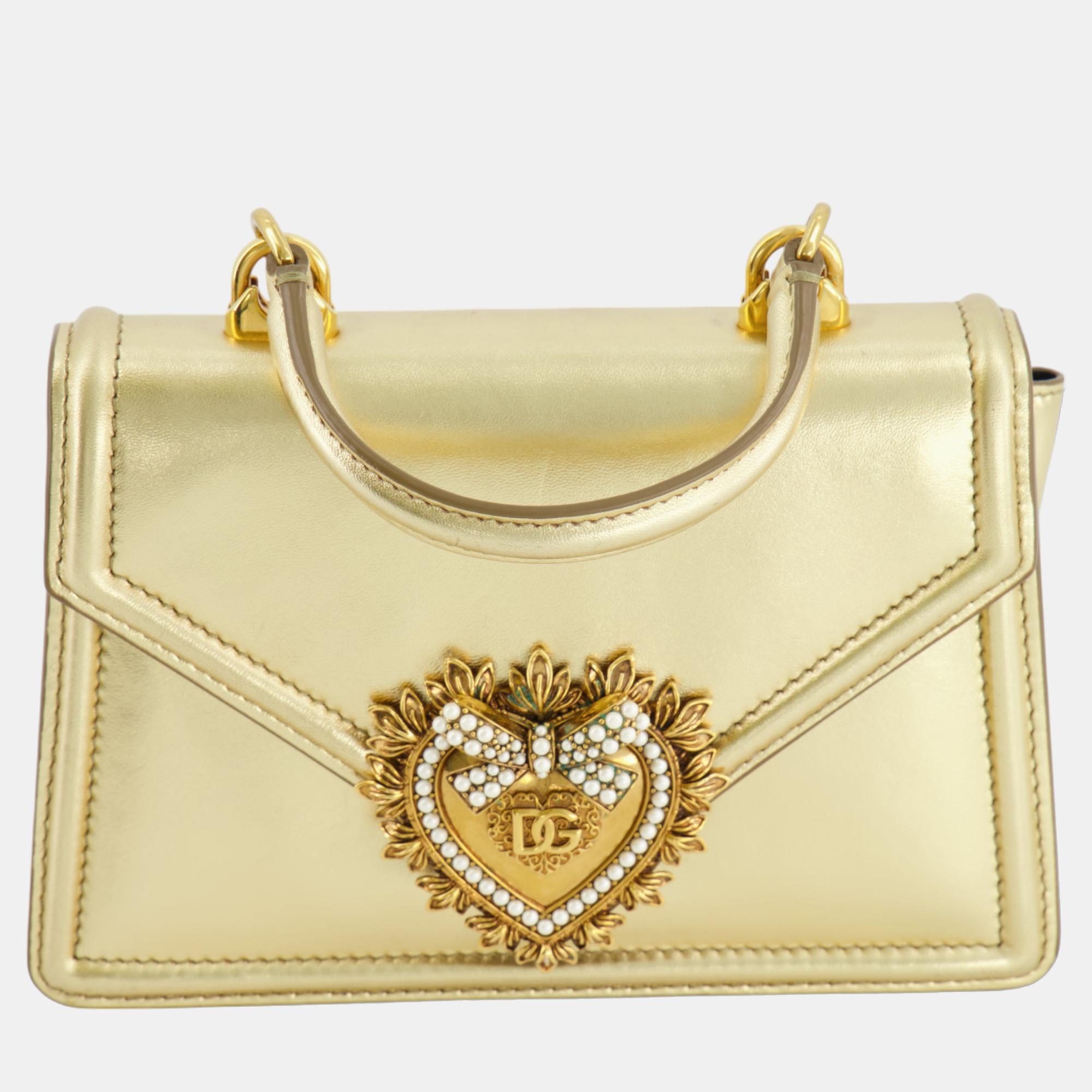 Dolce & Gabbana Gold Leather Small Devotion Top-Handle Bag With Gold Hardware