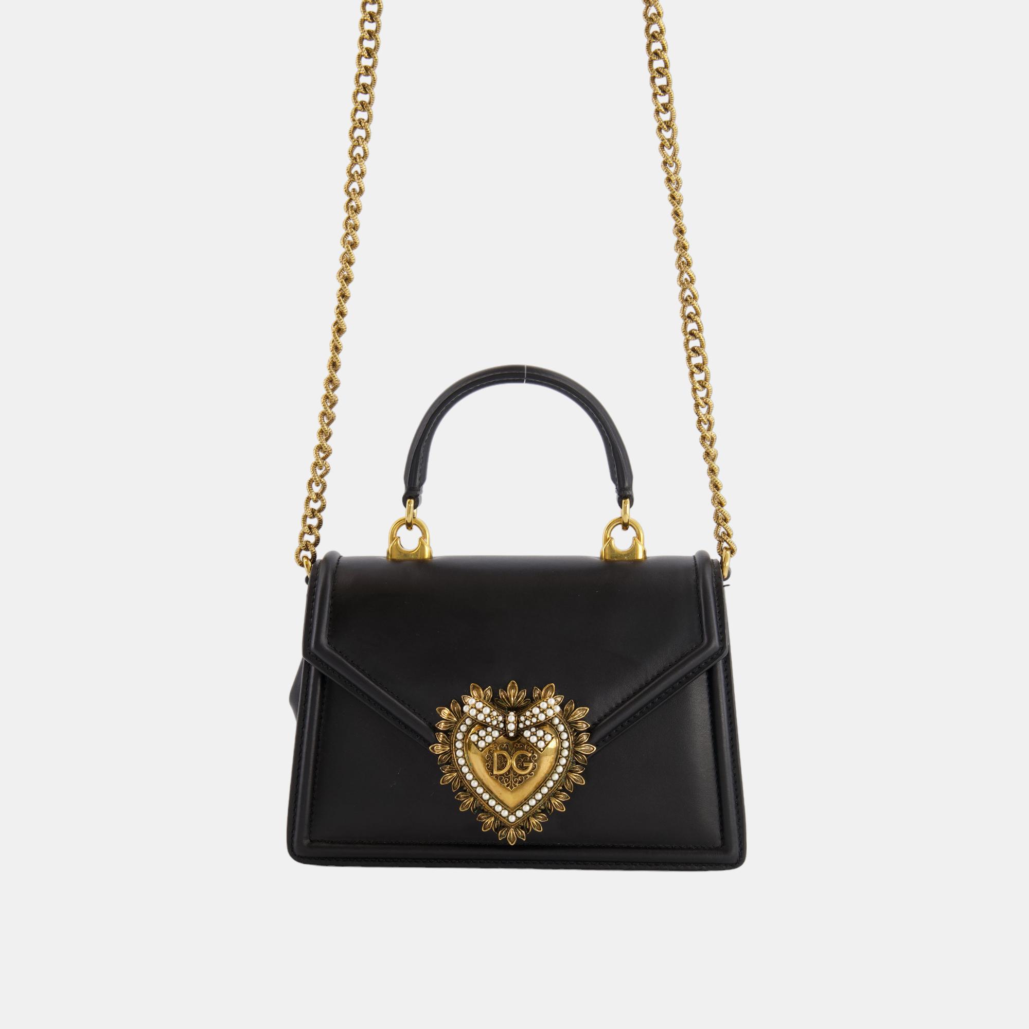 Dolce & Gabbana Black Leather Small Devotion Top-Handle Bag With Gold Hardware