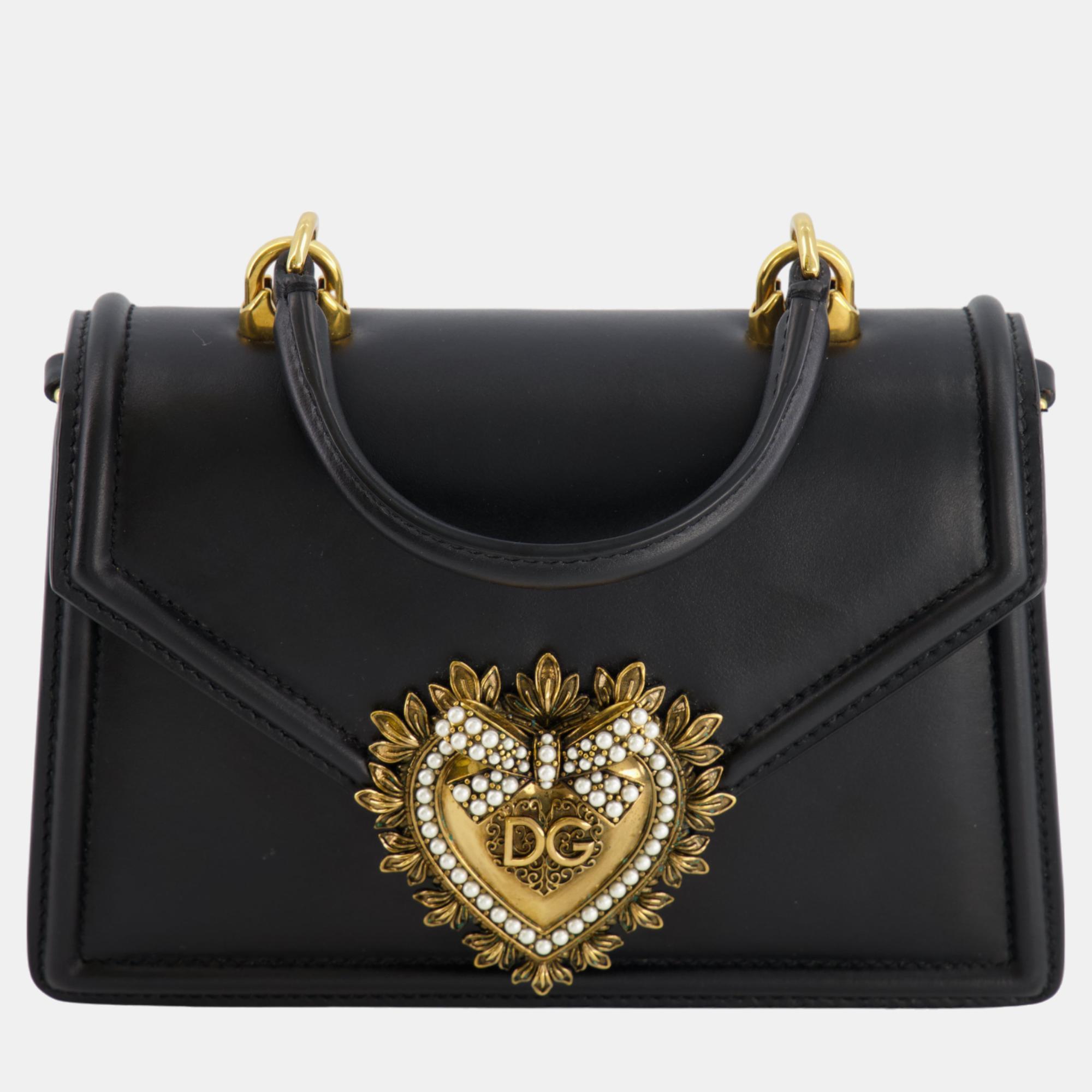 Dolce & Gabbana Black Leather Small Devotion Top-Handle Bag With Gold Hardware