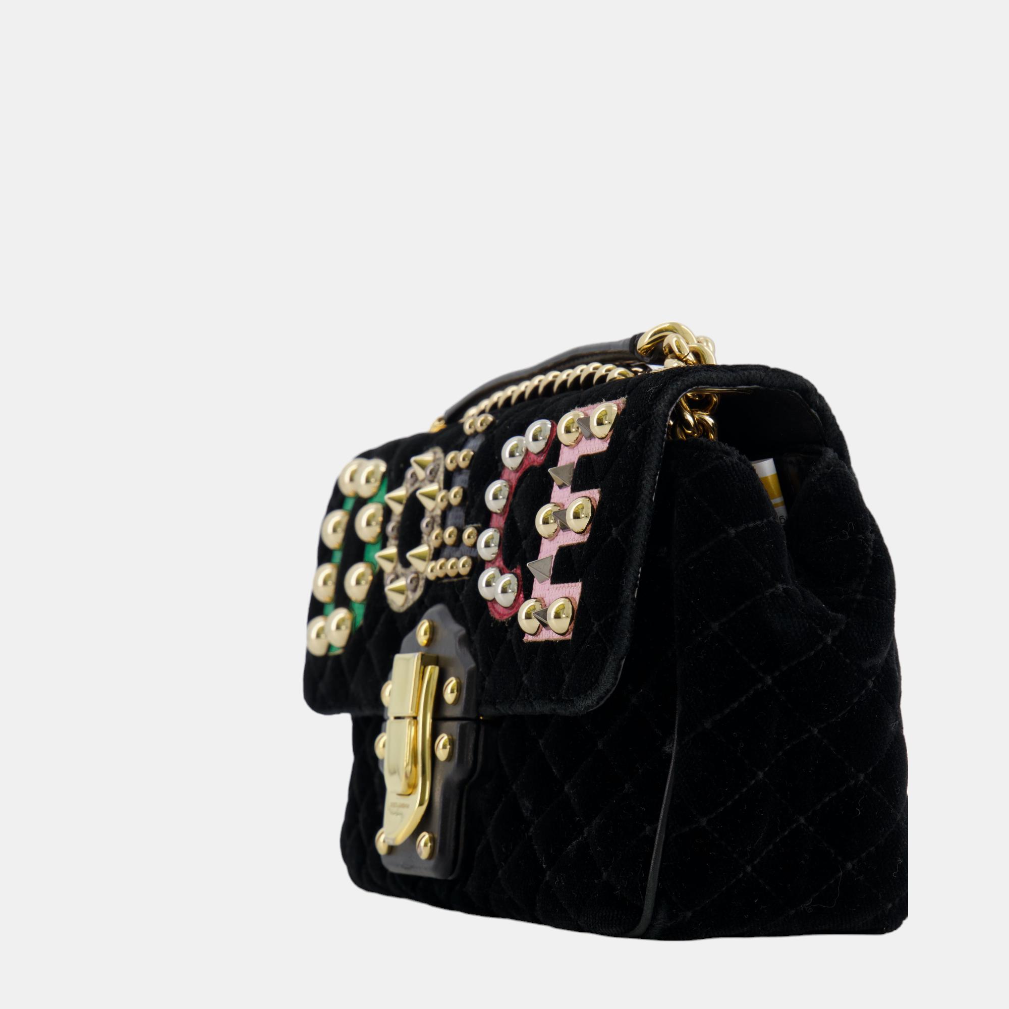Dolce & Gabbana Black Velvet Lucia Bag With Embellishments And Gold Hardware