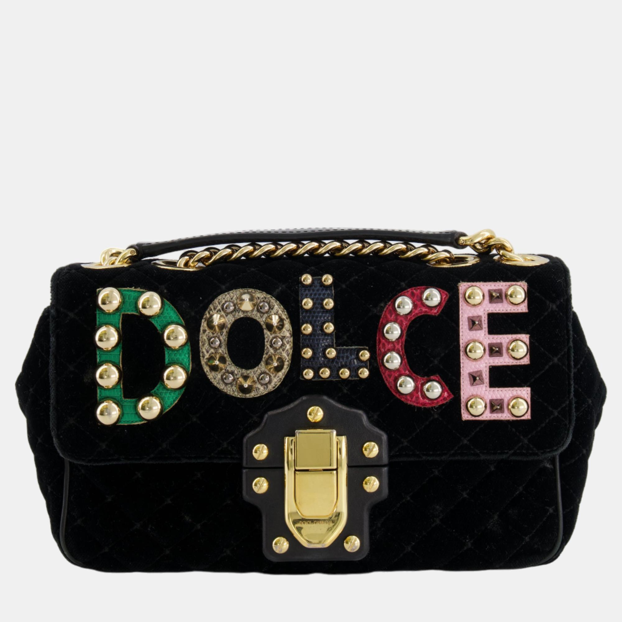 Dolce & gabbana black velvet lucia bag with embellishments and gold hardware