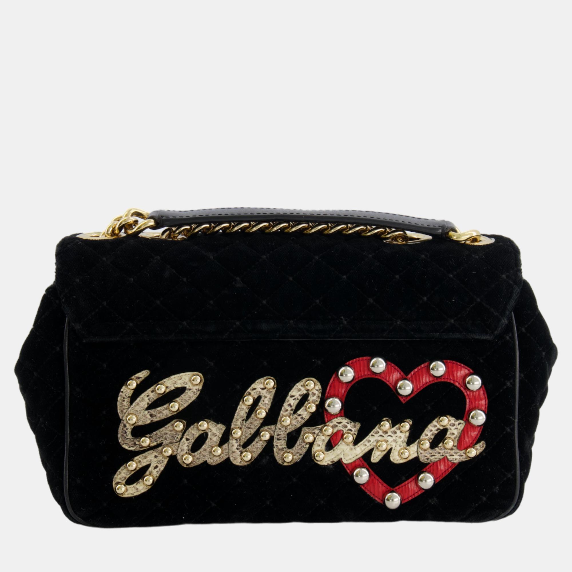 Dolce & Gabbana Black Velvet Lucia Bag With Embellishments And Gold Hardware