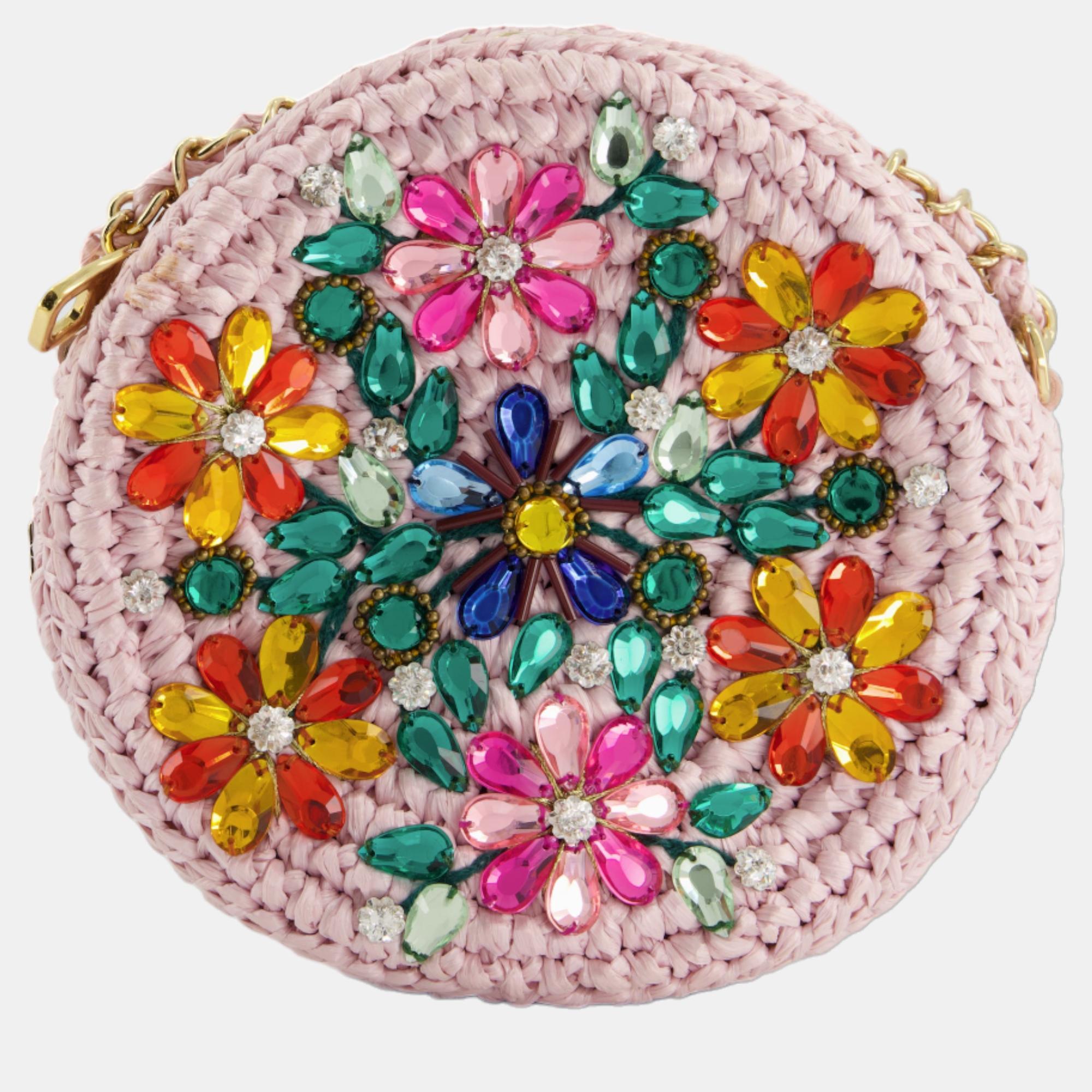 Dolce & Gabbana Pink Woven Round Crossbody Bag With Multicolour Crystal Flower Details With Gold Hardware