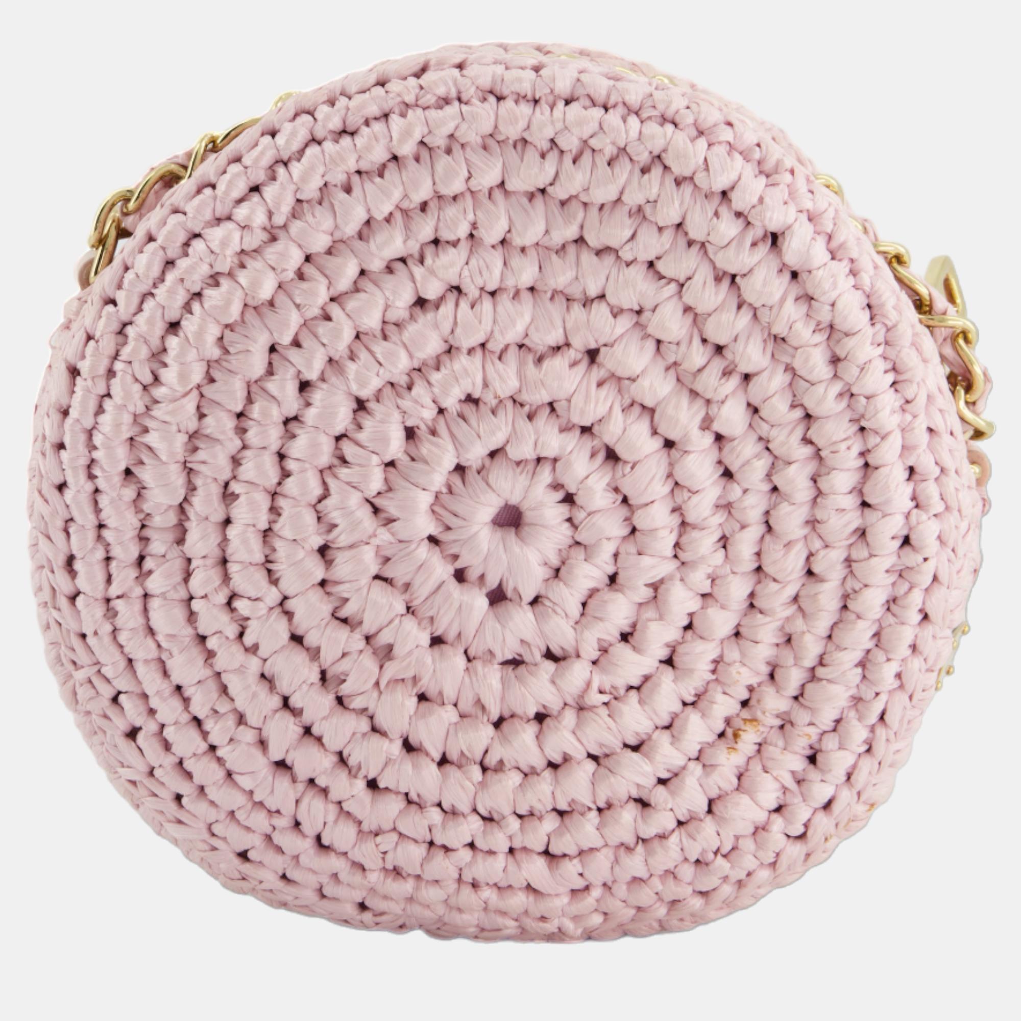 Dolce & Gabbana Pink Woven Round Crossbody Bag With Multicolour Crystal Flower Details With Gold Hardware