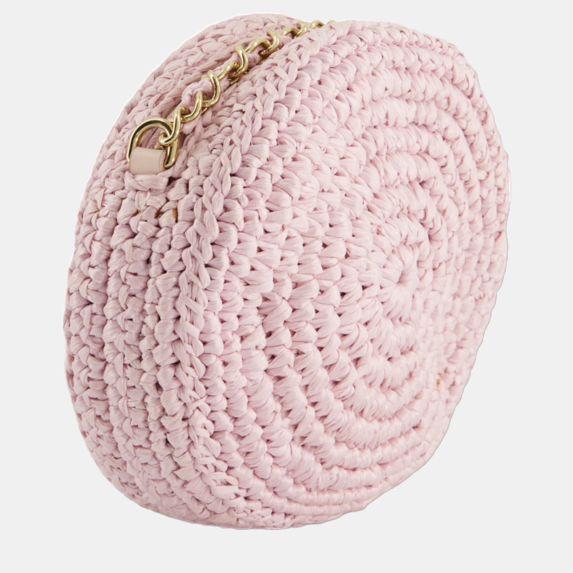 Dolce & Gabbana Pink Woven Round Crossbody Bag With Multicolour Crystal Flower Details With Gold Hardware