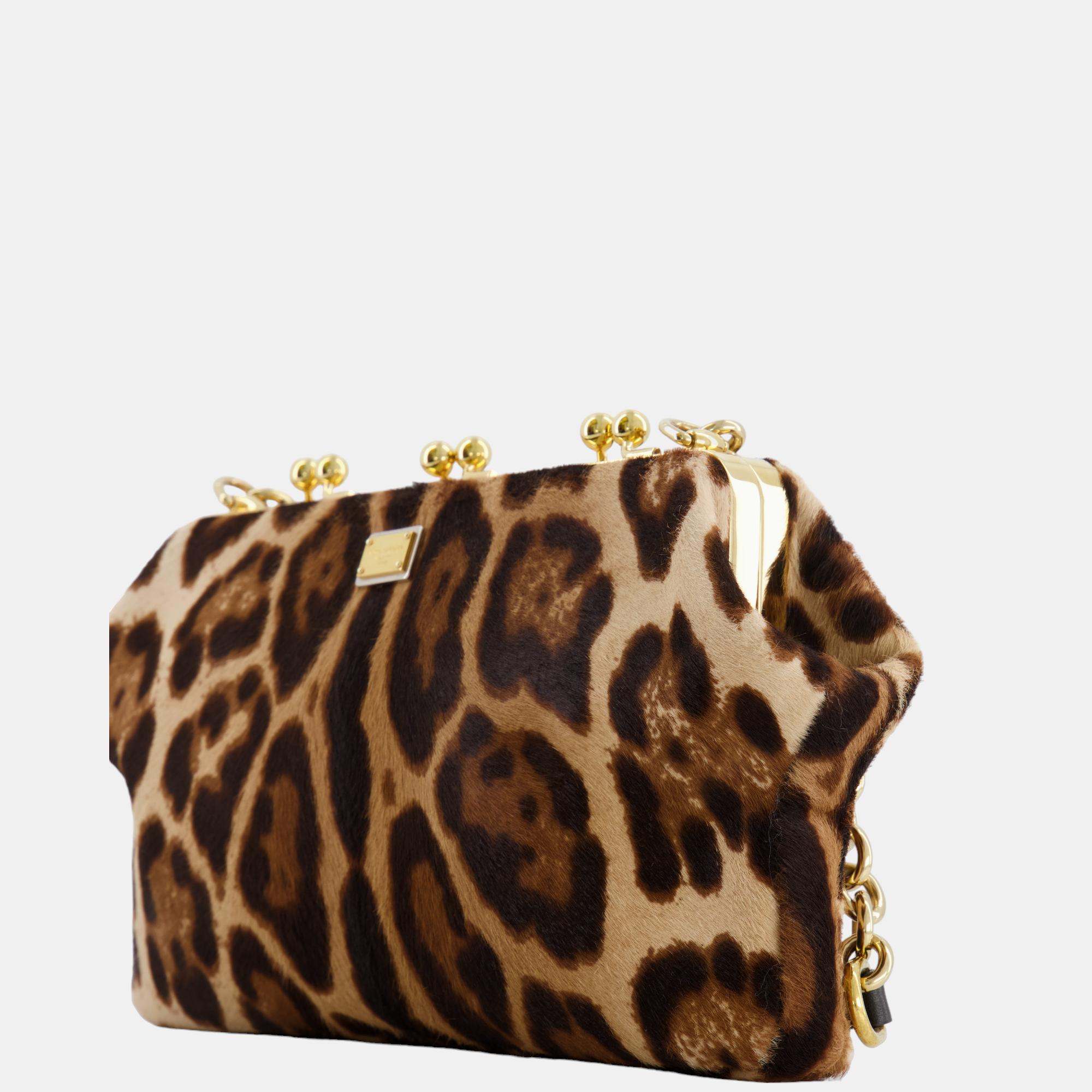 Dolce & Gabbana Brown Leopard Ponyhair Clutch Chain Bag With Gold Hardware