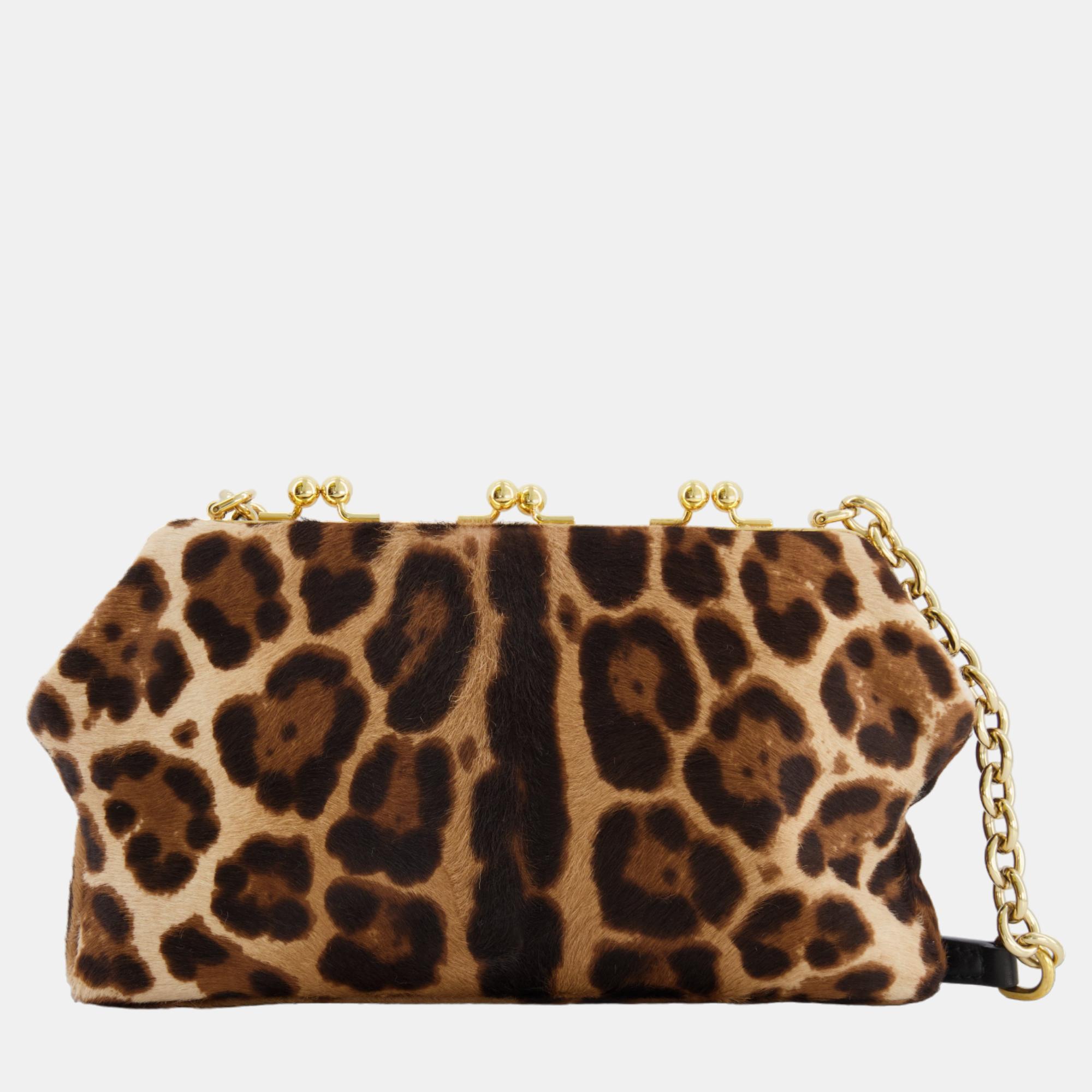 Dolce & Gabbana Brown Leopard Ponyhair Clutch Chain Bag With Gold Hardware