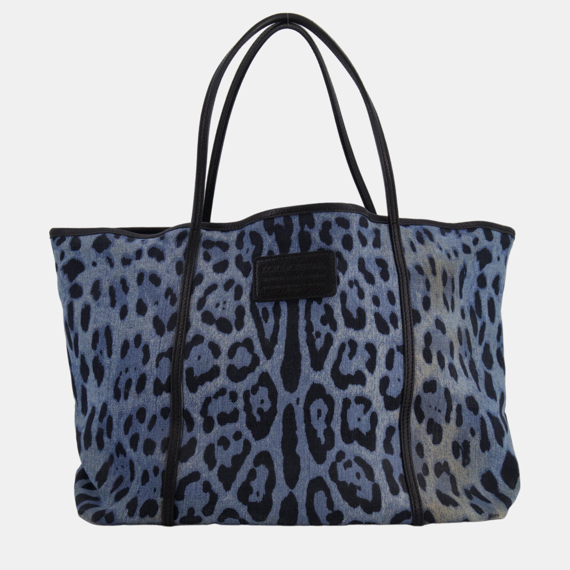 Dolce & Gabbana Blue Leopard Print Canvas Tote Bag