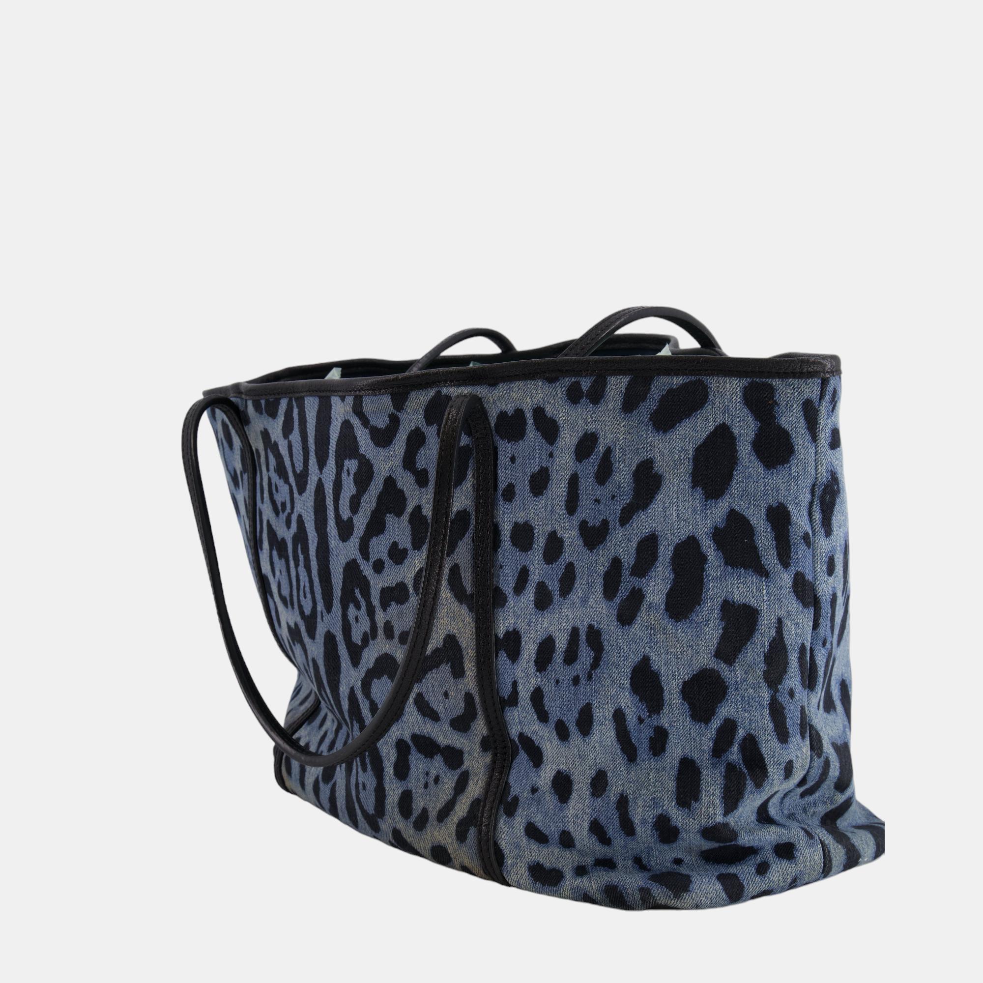 Dolce & Gabbana Blue Leopard Print Canvas Tote Bag
