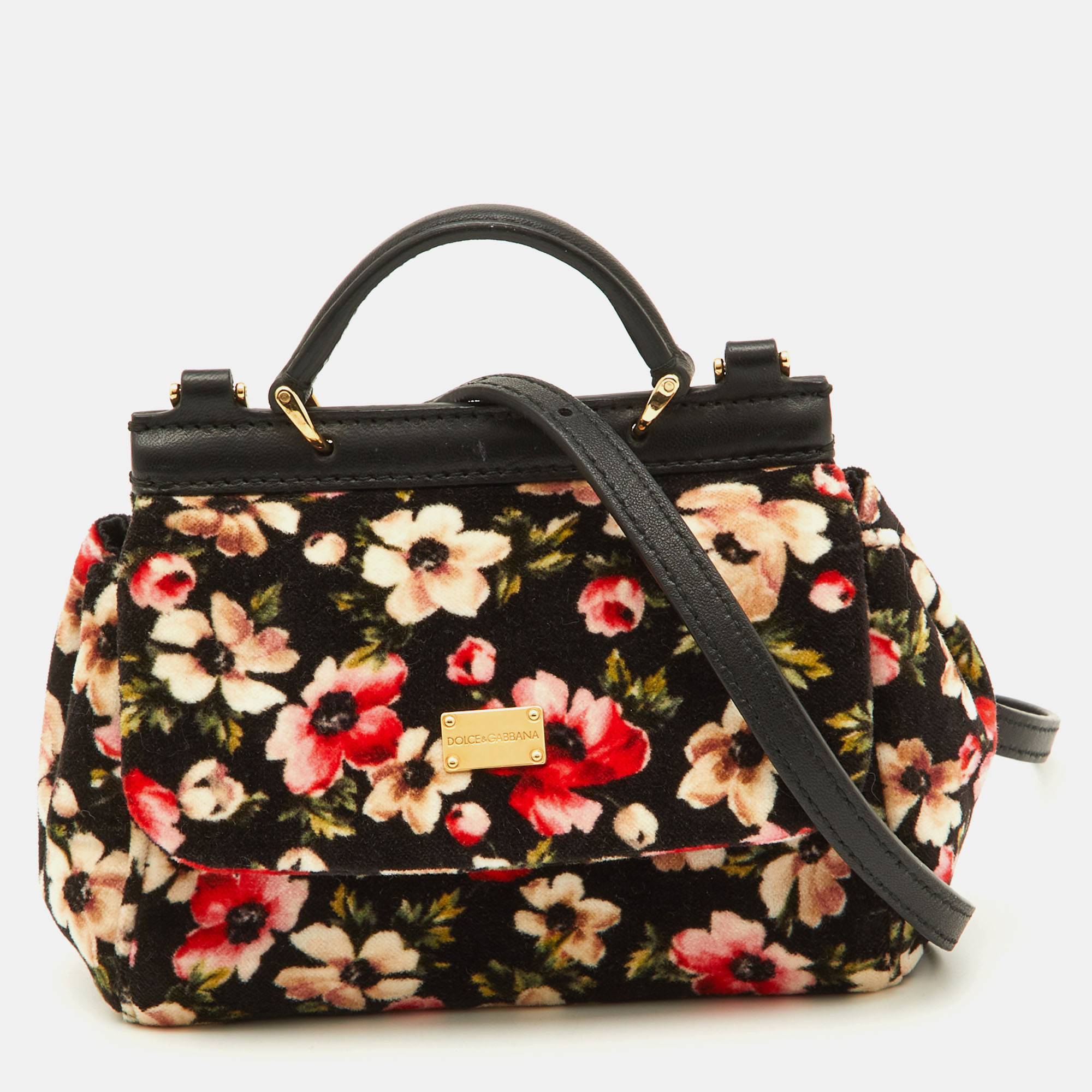 Dolce & Gabbana Black Floral Velvet And Leather Micro Miss Sicily Top Handle Bag