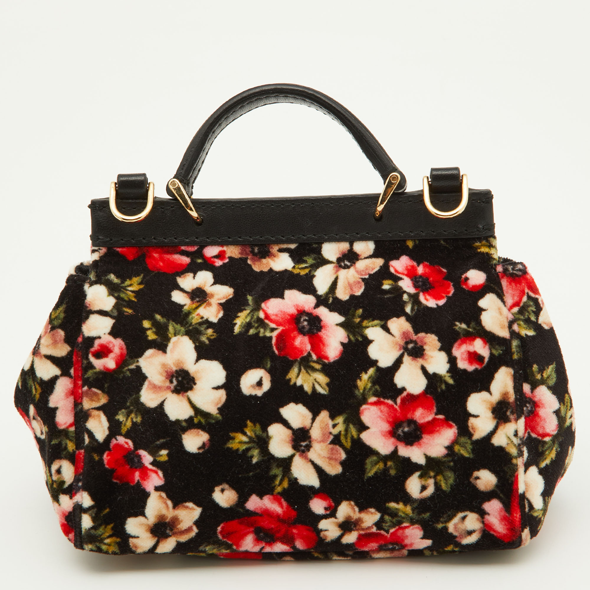 Dolce & Gabbana Black Floral Velvet And Leather Micro Miss Sicily Top Handle Bag