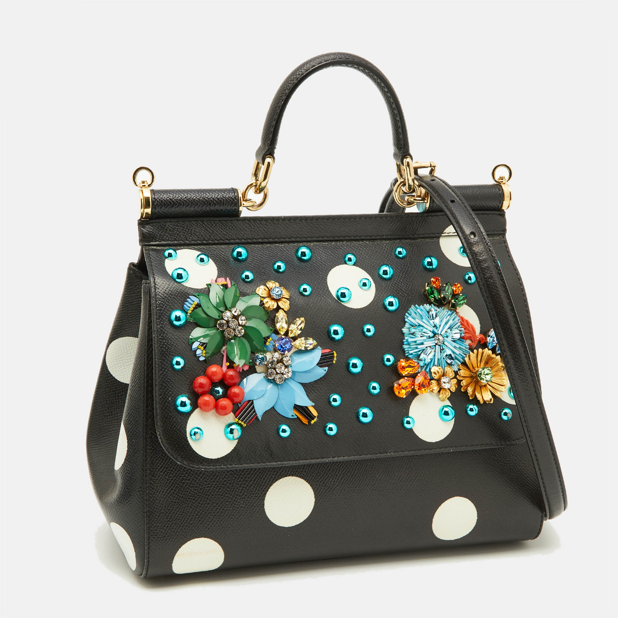 Dolce & Gabbana Black/White Polka Dot Leather Medium Crystal Embellished Miss Sicily Top Handle Bag