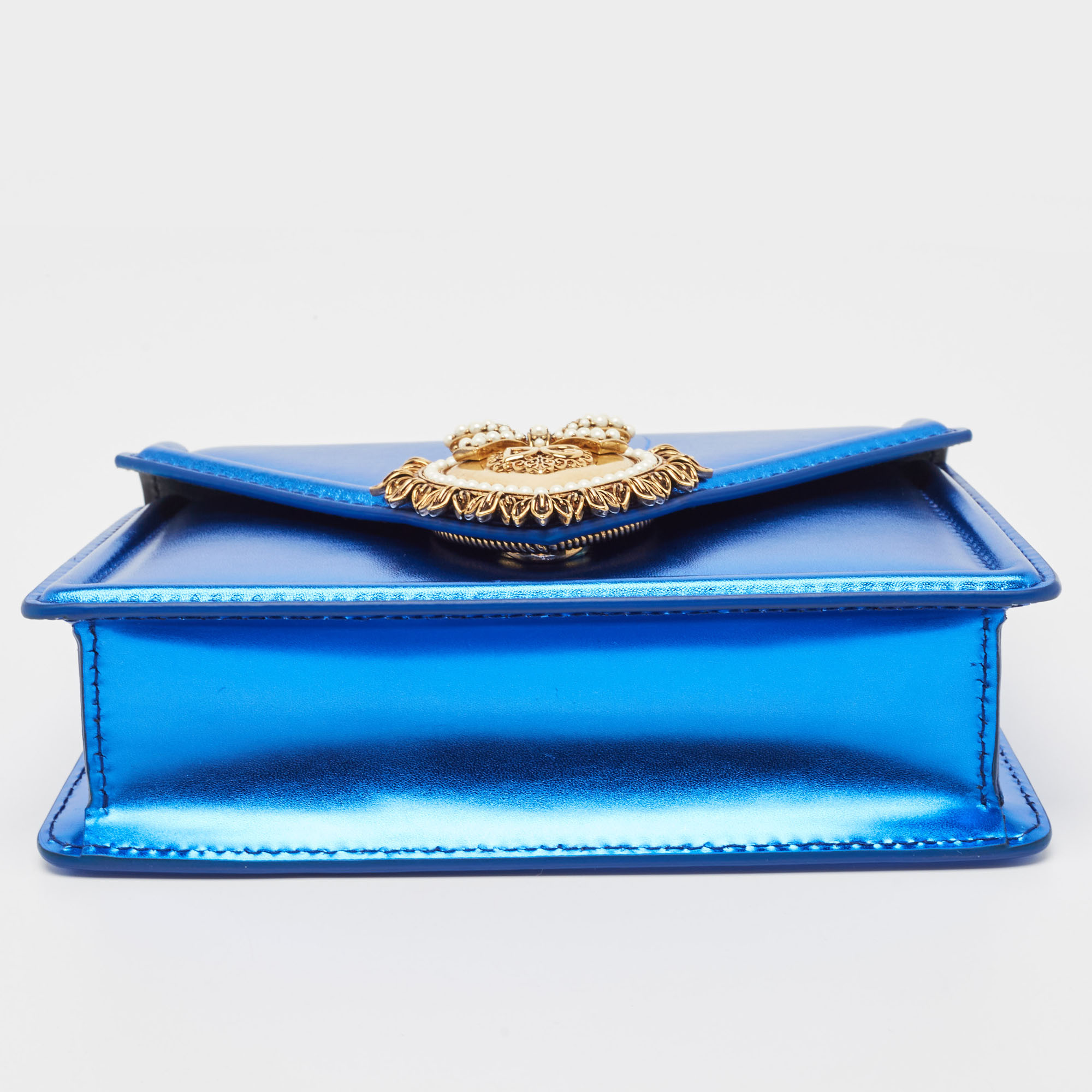Dolce & Gabbana Metallic Blue Leather Small Devotion Top Handle Bag
