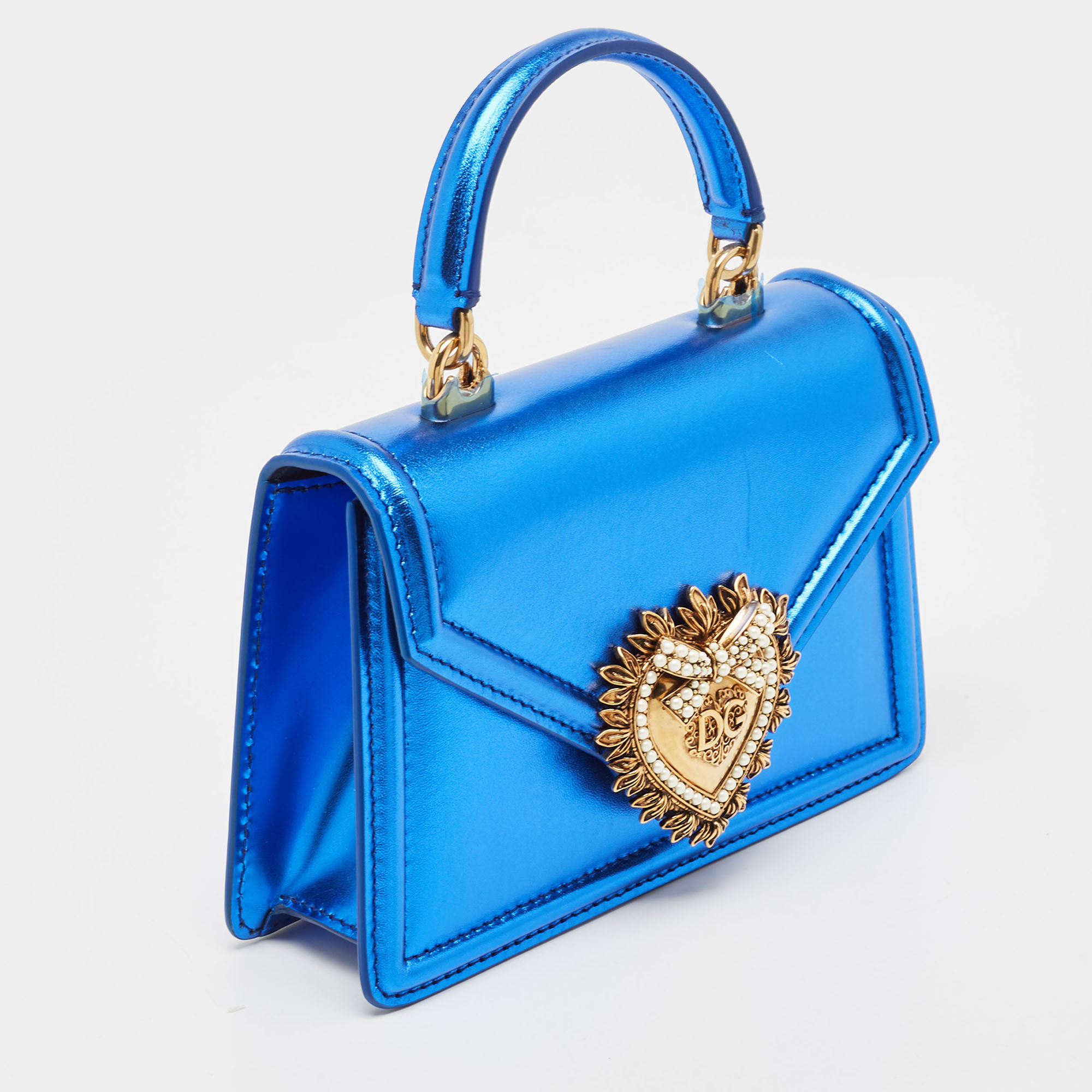 Dolce & Gabbana Metallic Blue Leather Small Devotion Top Handle Bag