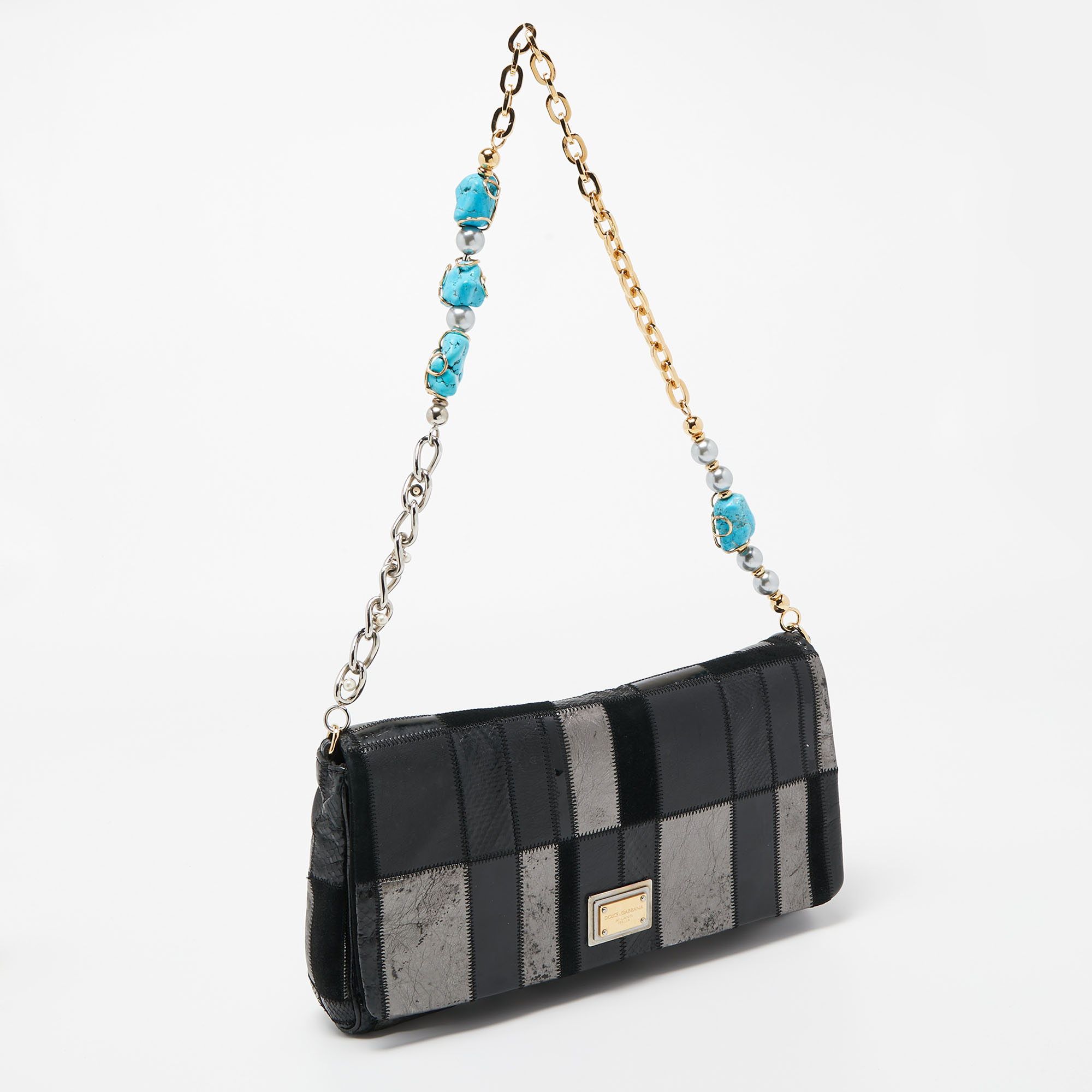 Dolce & Gabbana Black/Grey Mixed Leather And Snakeskin Patchwork Chain Bag