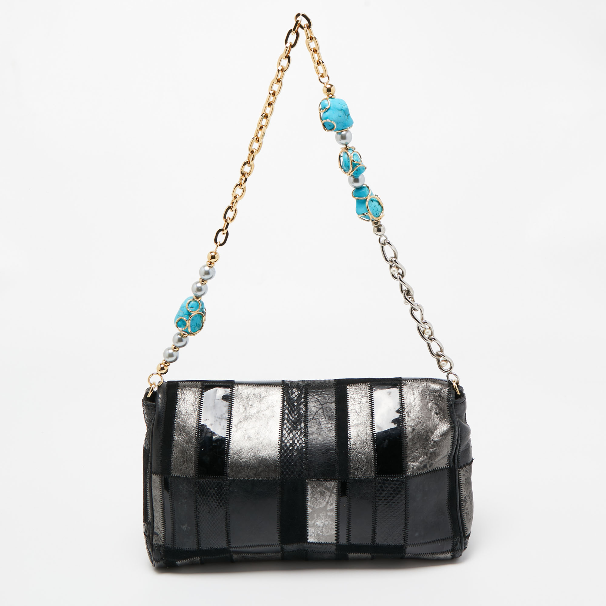 Dolce & Gabbana Black/Grey Mixed Leather And Snakeskin Patchwork Chain Bag