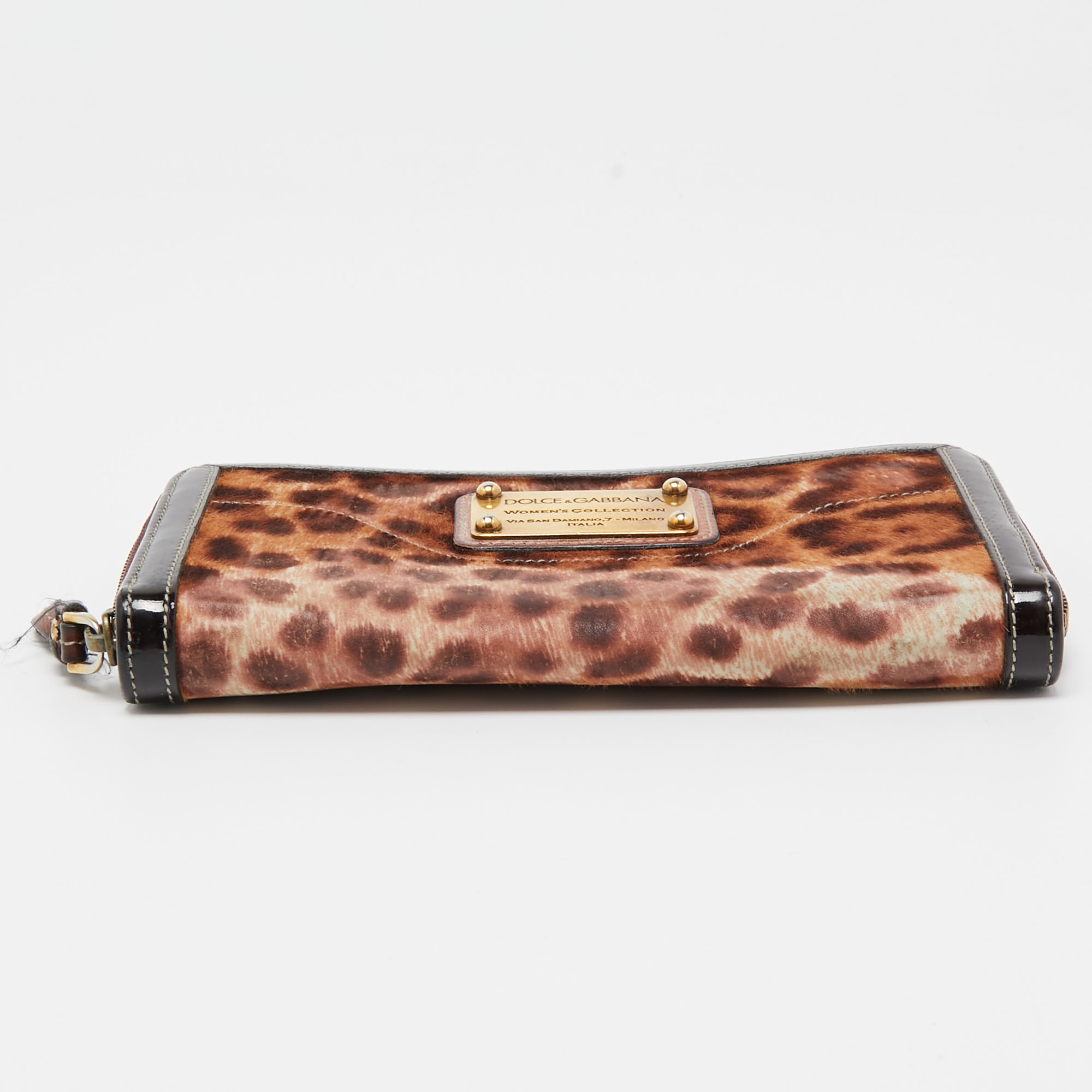 Dolce & Gabbana Brown Leopard Print Calfhair And Patent Leather Zip Around Continental Wallet